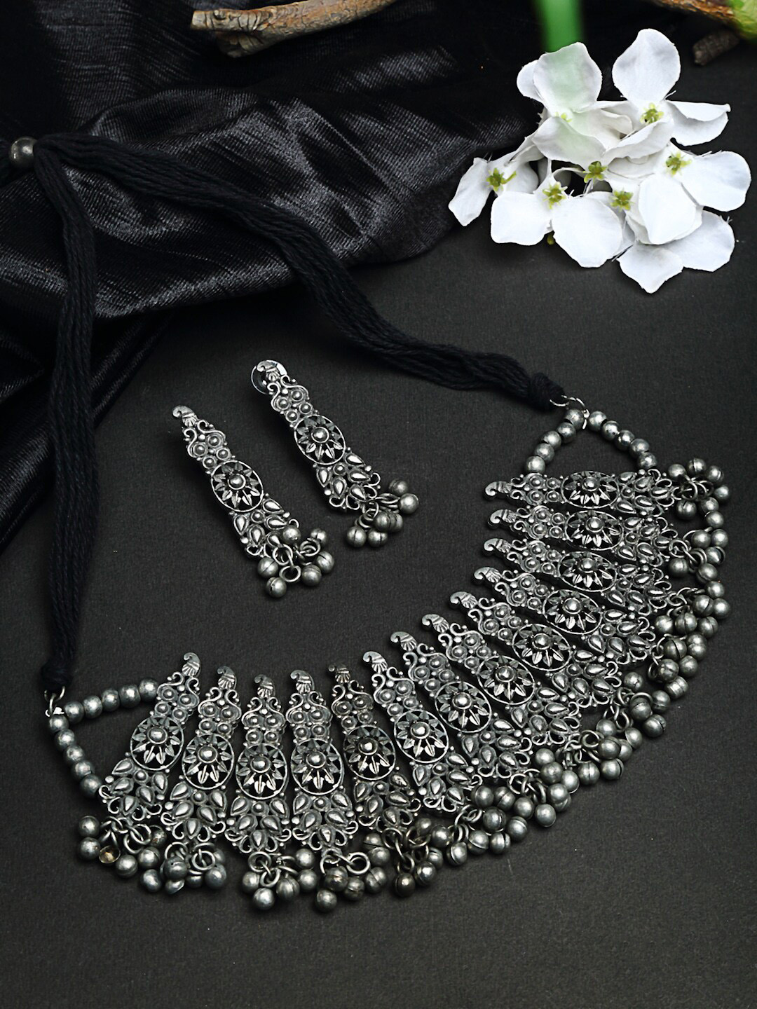 

Moedbuille Oxidised Silver-Plated Tribal Filligree Temple Handcrafted Jewellery Set
