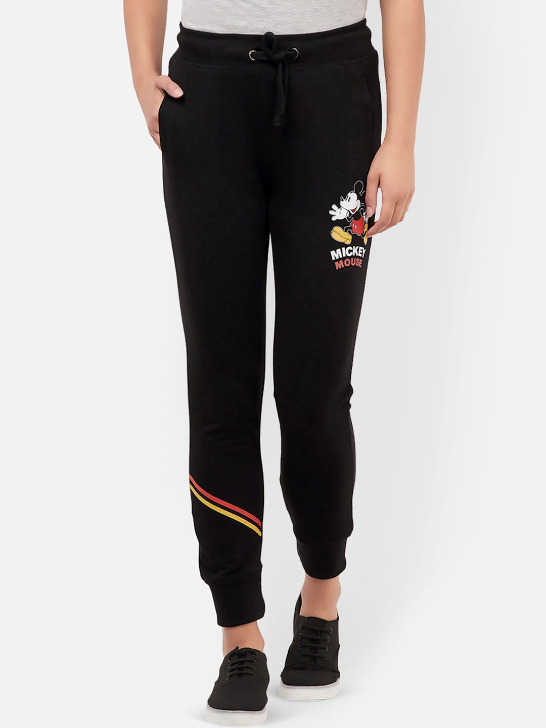 Free Authority Mickey & Friends Featured Women Black Straight-Fit Pure Cotton Joggers