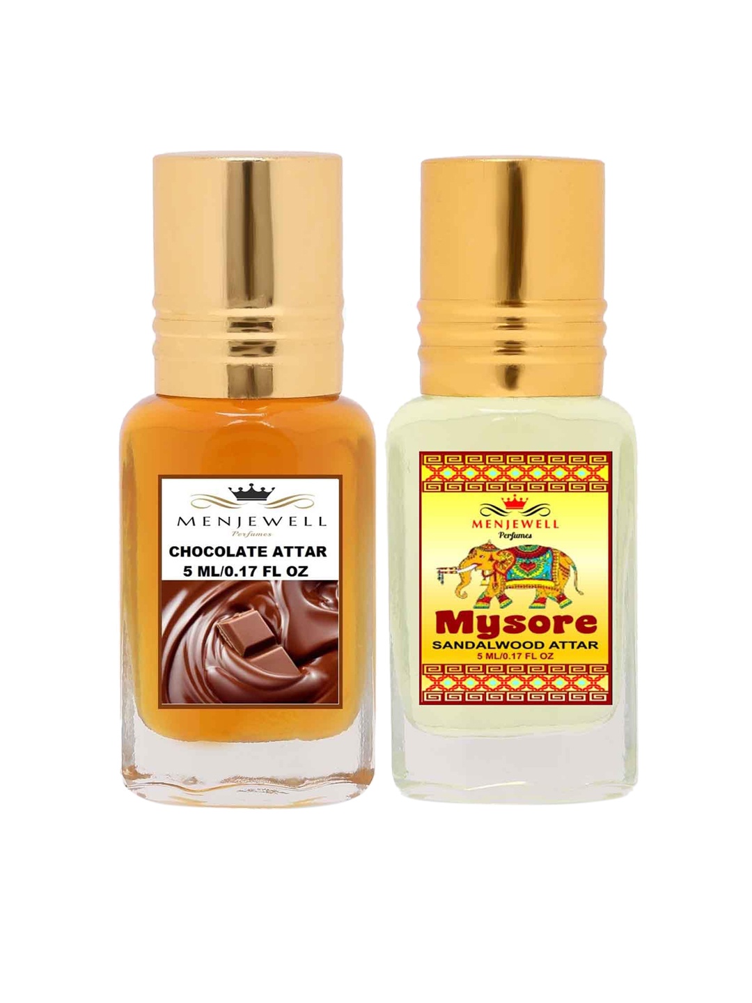 

Menjewell Set of 2 Chocolate & Mysore SandalWood Attar 10 ml, Transparent