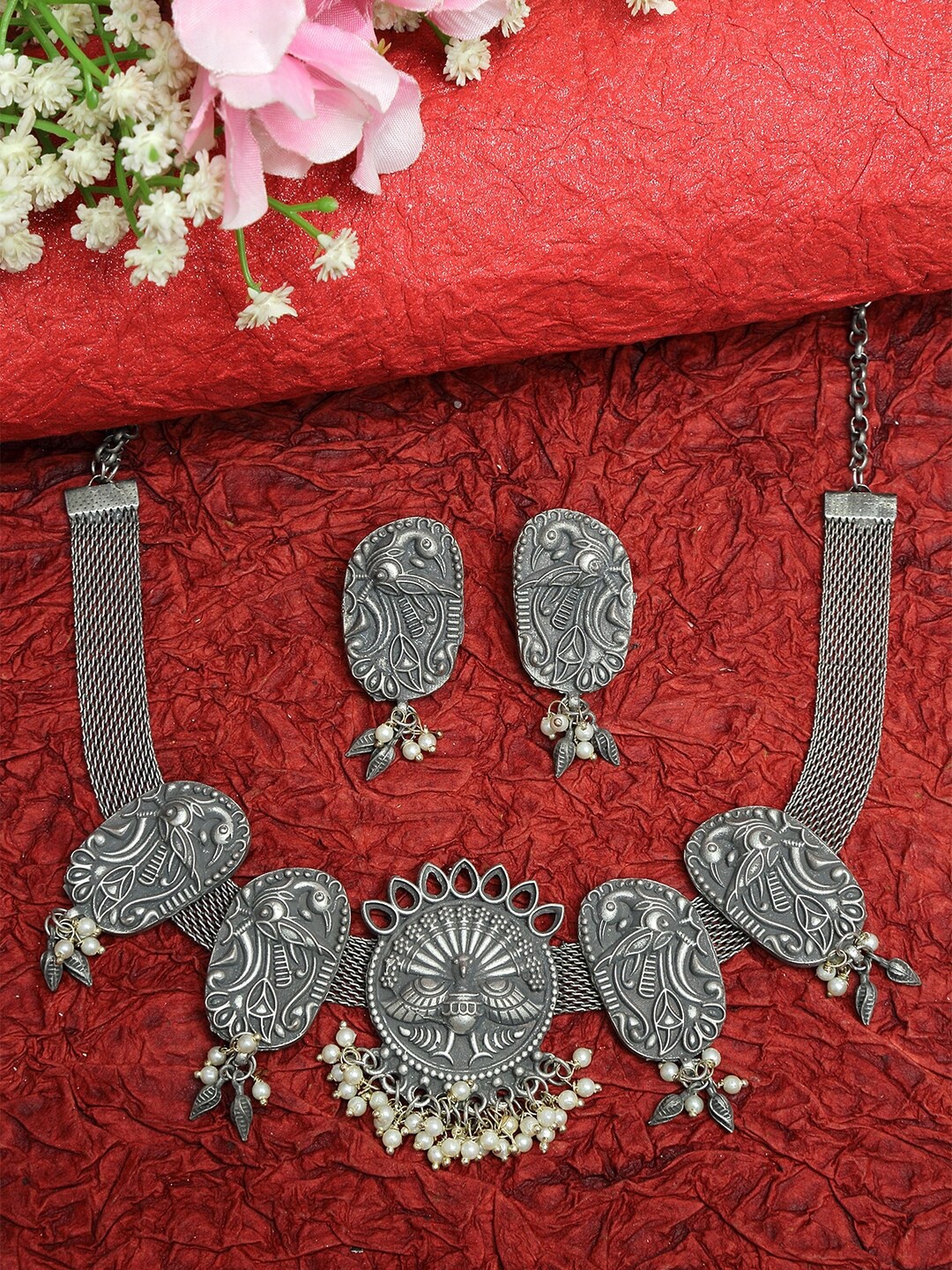 

Moedbuille Oxidized Silver-Plated White Pearl- Beaded Peacock Design Handcrafted Jewellery Set
