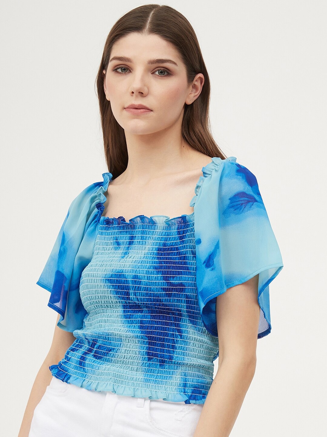 Harpa Women Blue Floral Smocked Georgette Regular Top