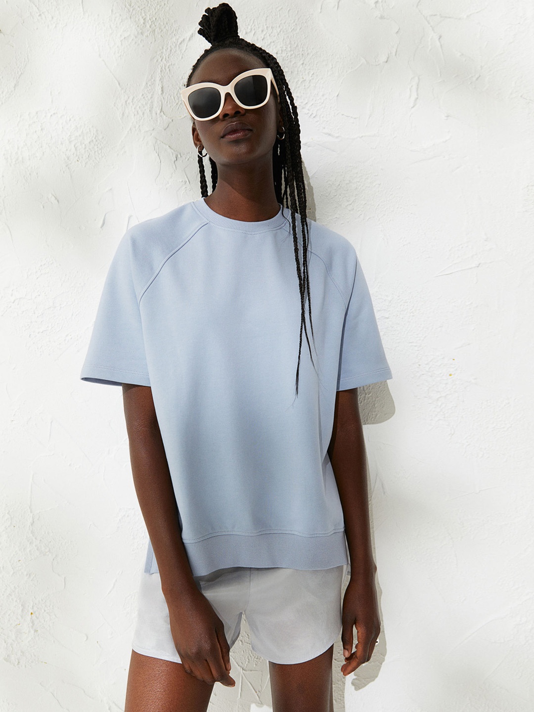 

H&M Women Blue Solid Short-Sleeved Cotton Sweatshirt