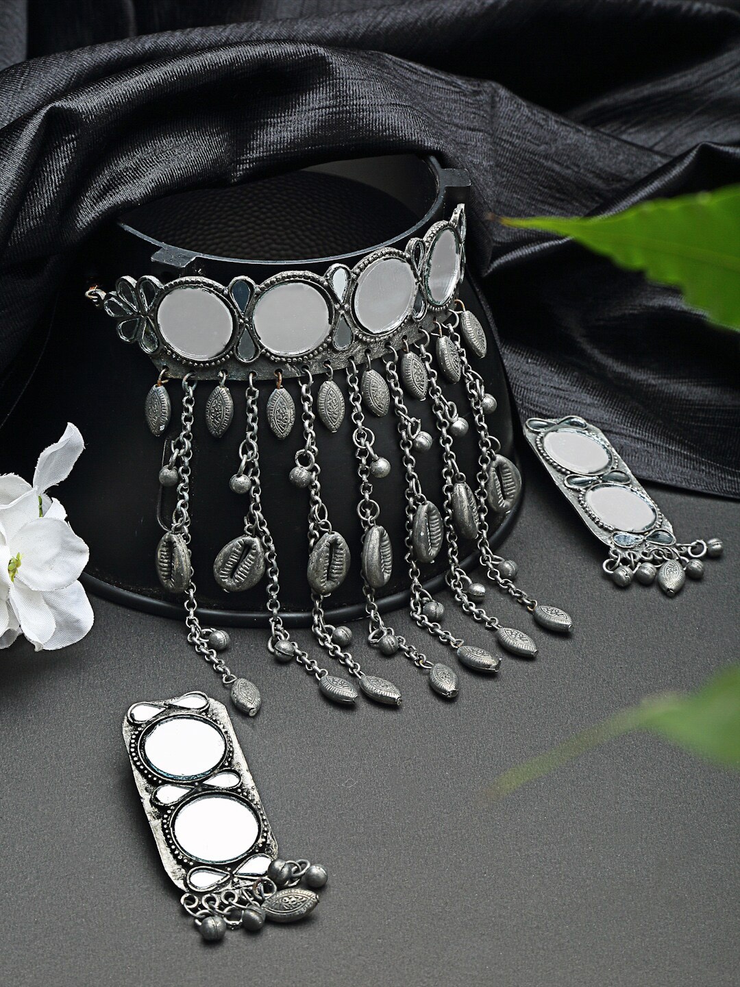 

Moedbuille Oxidised Silver-Plated Mirror-Studded Handcrafted Tribal Jewellery Set