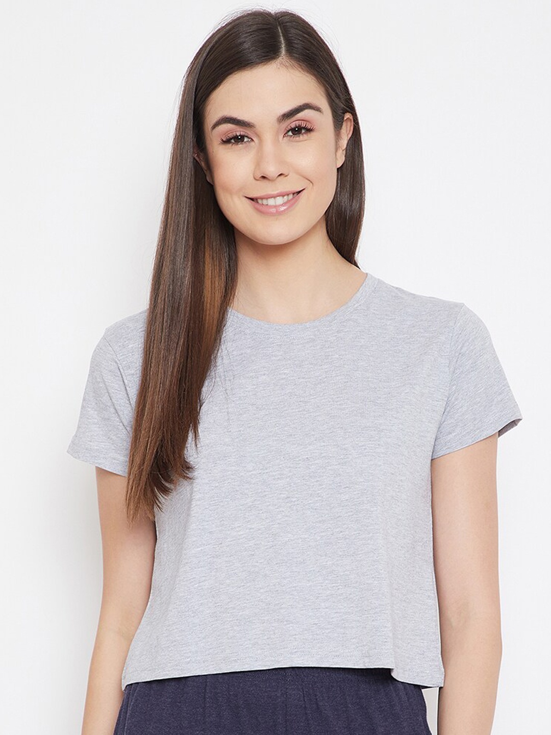Clovia Chic Basic Pure Cotton Crop Lounge T-shirt, Grey