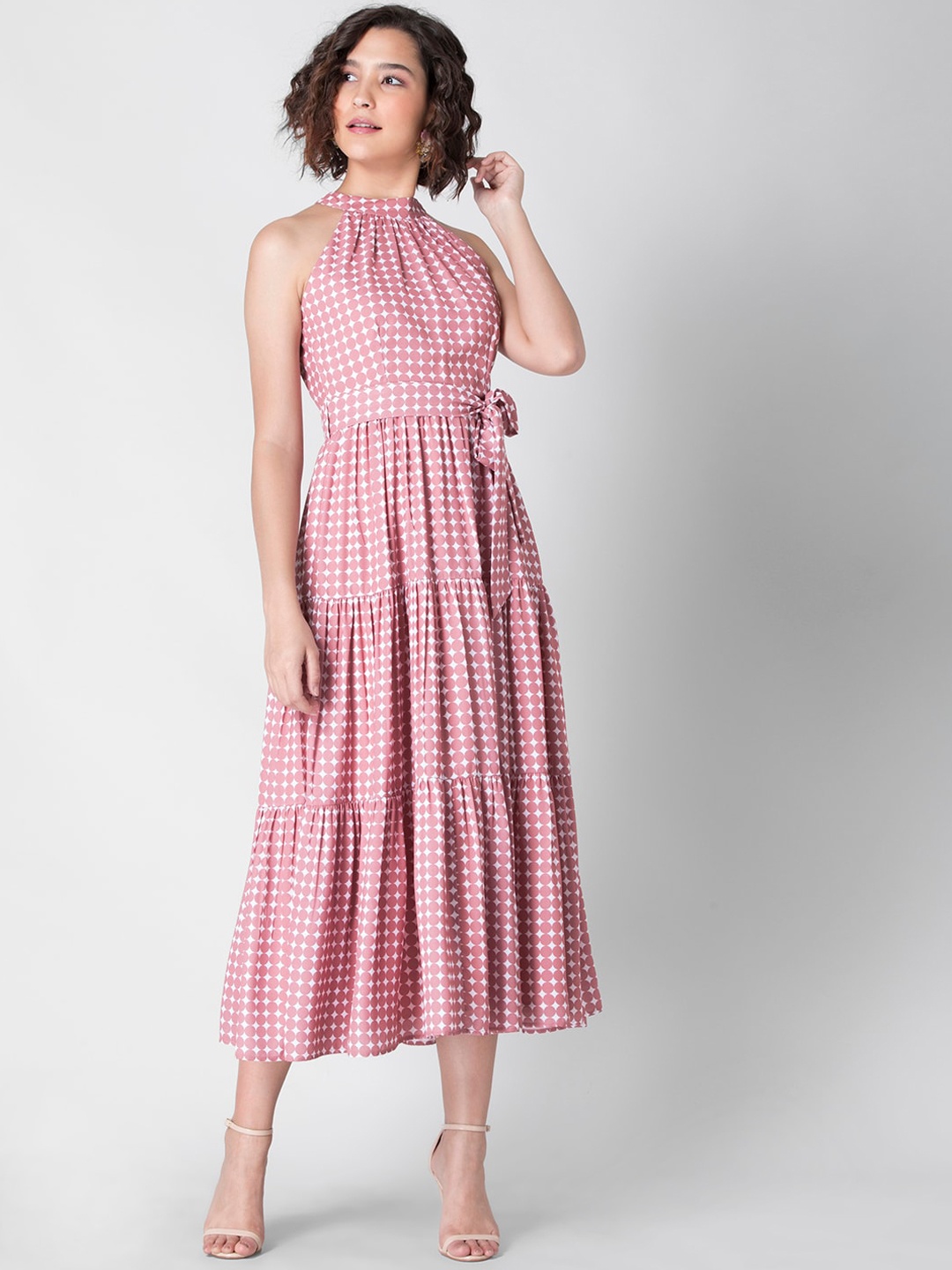 

FabAlley Women Pink Halter Neck Georgette Midi Dress