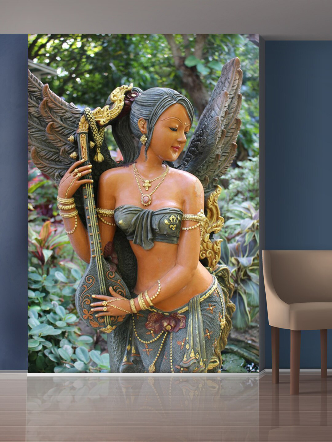 

999Store Grey & Beige Beautiful Angel Playing Sitar Mural Self-Adhesive Wallpaper