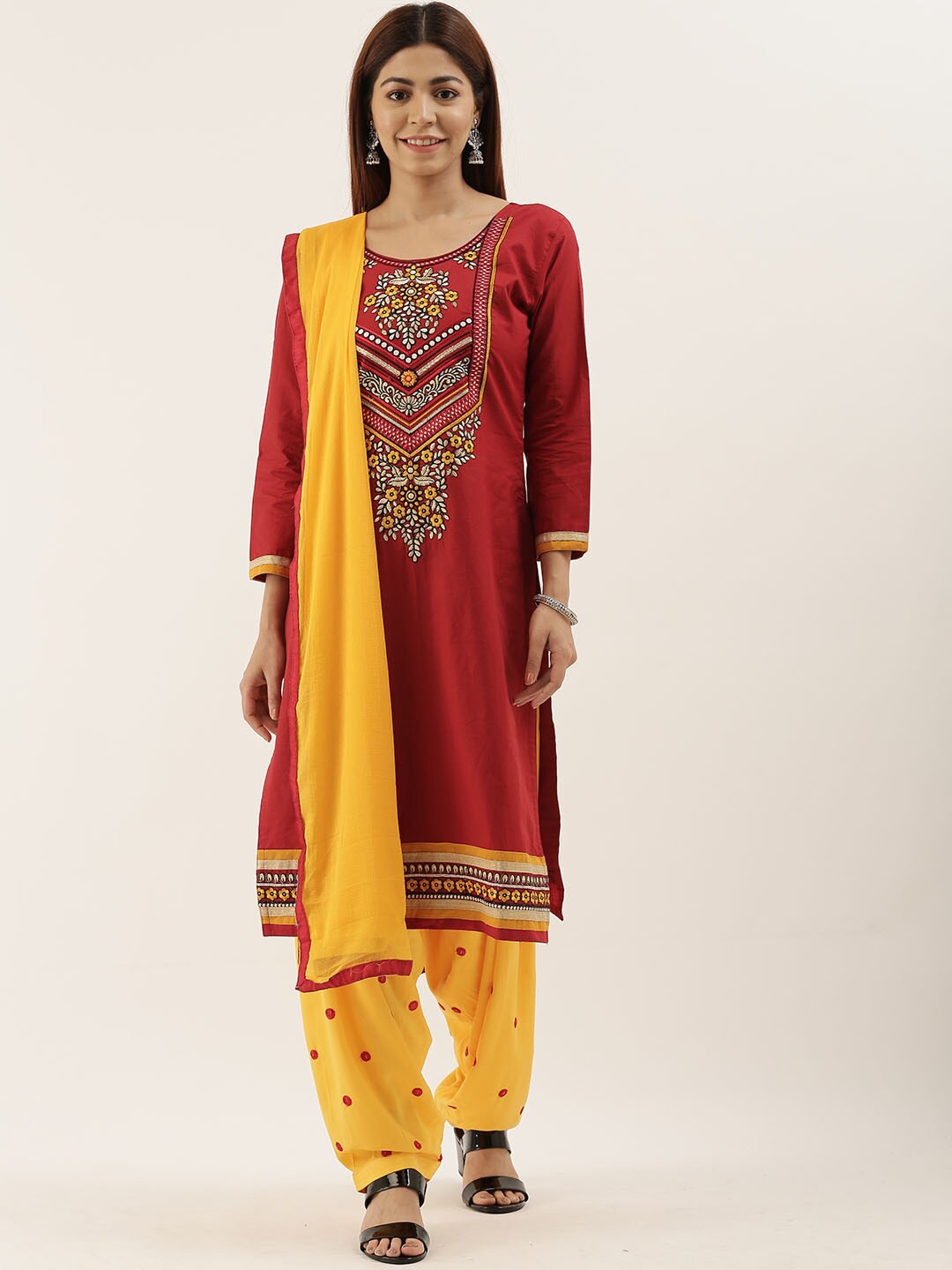 

Kvsfab Maroon & Yellow Embroidered Unstitched Dress Material