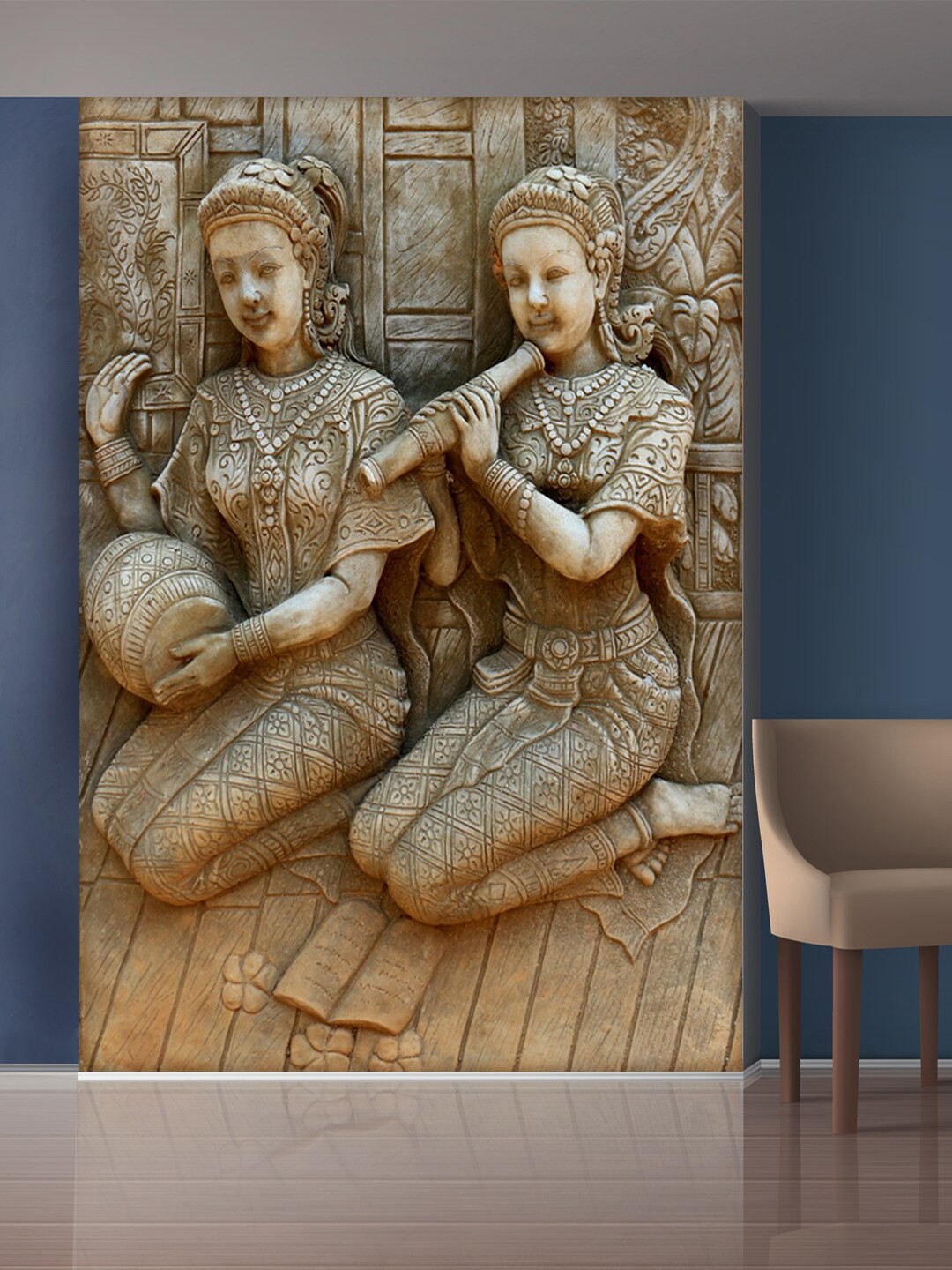 

999Store Grey Sitting Ladys Playing Music Mural Self-Adhesive Wallpaper