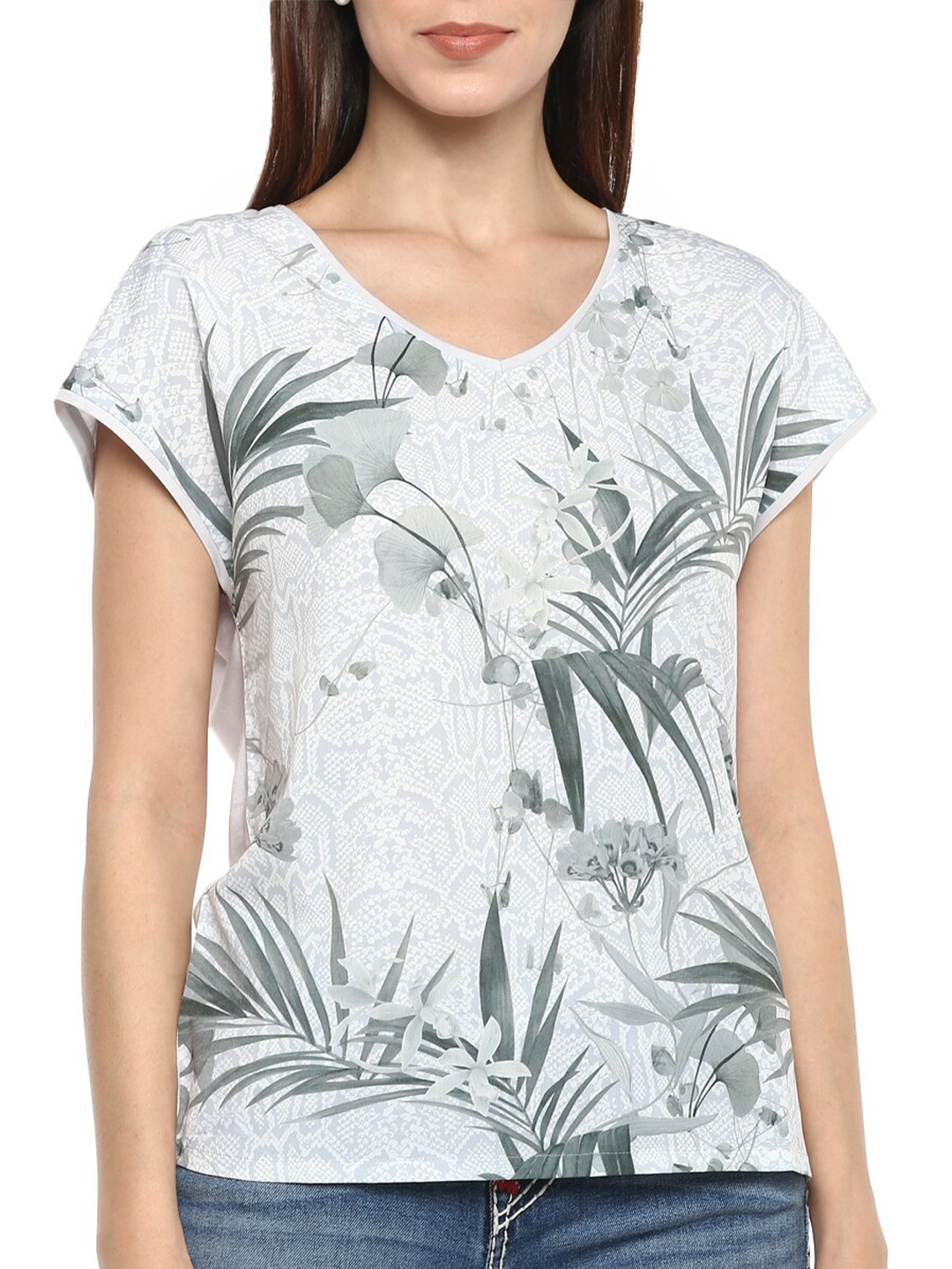 

Ted Baker Women Grey Floral Printed V-Neck Tropical Raw Edge T-shirt