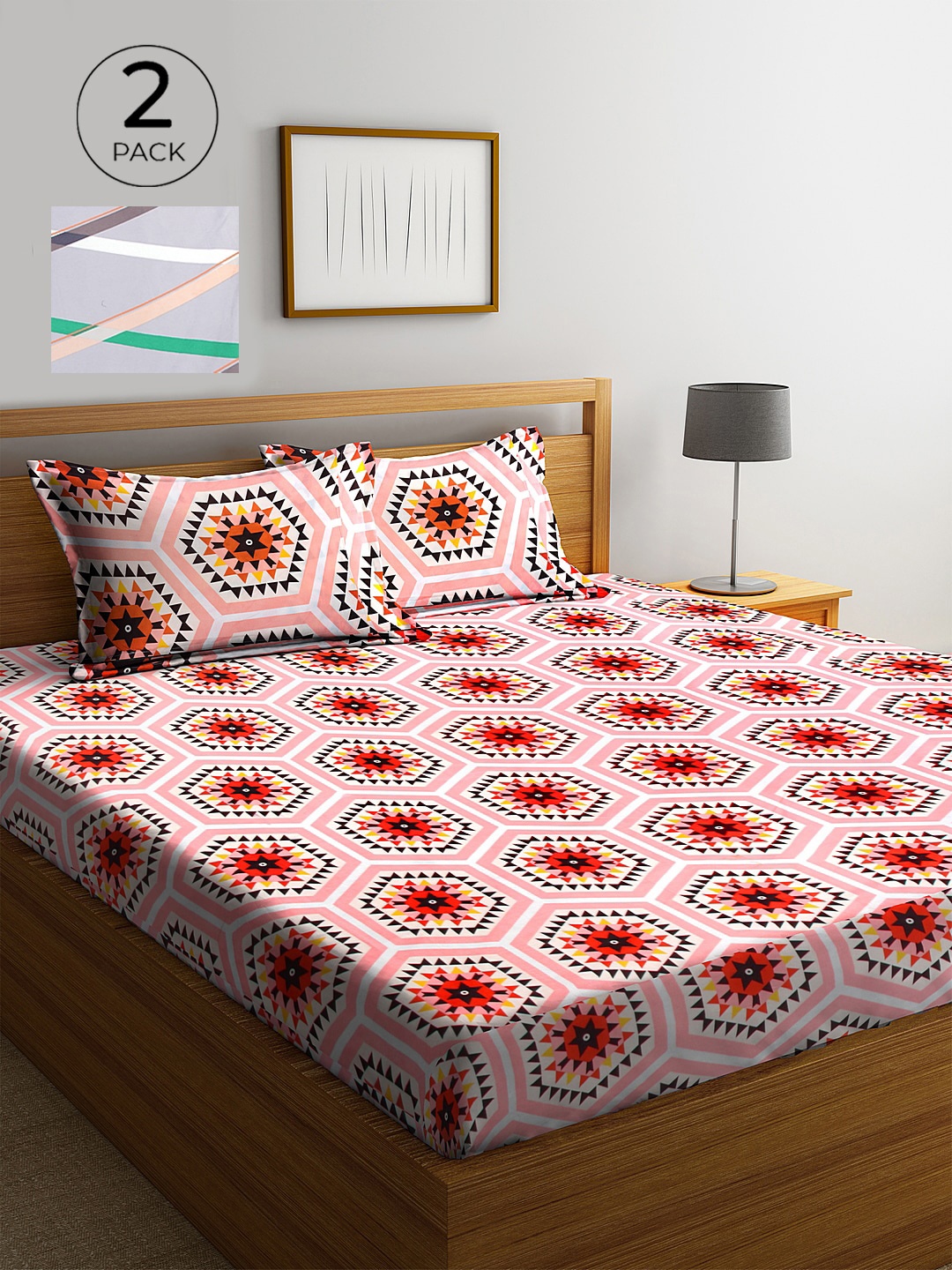 

KLOTTHE Grey & Pink Geometric 210 TC 2 King Bedsheet with 4 Pillow Covers