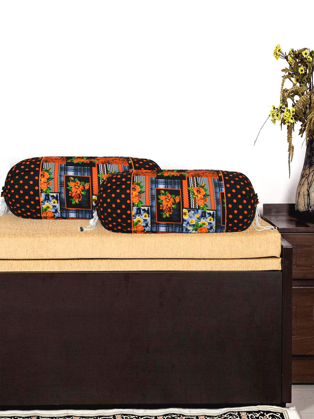 

Kuber Industries Set Of 6 Cream-Coloured & White Printed Cotton Bolster Covers, Black