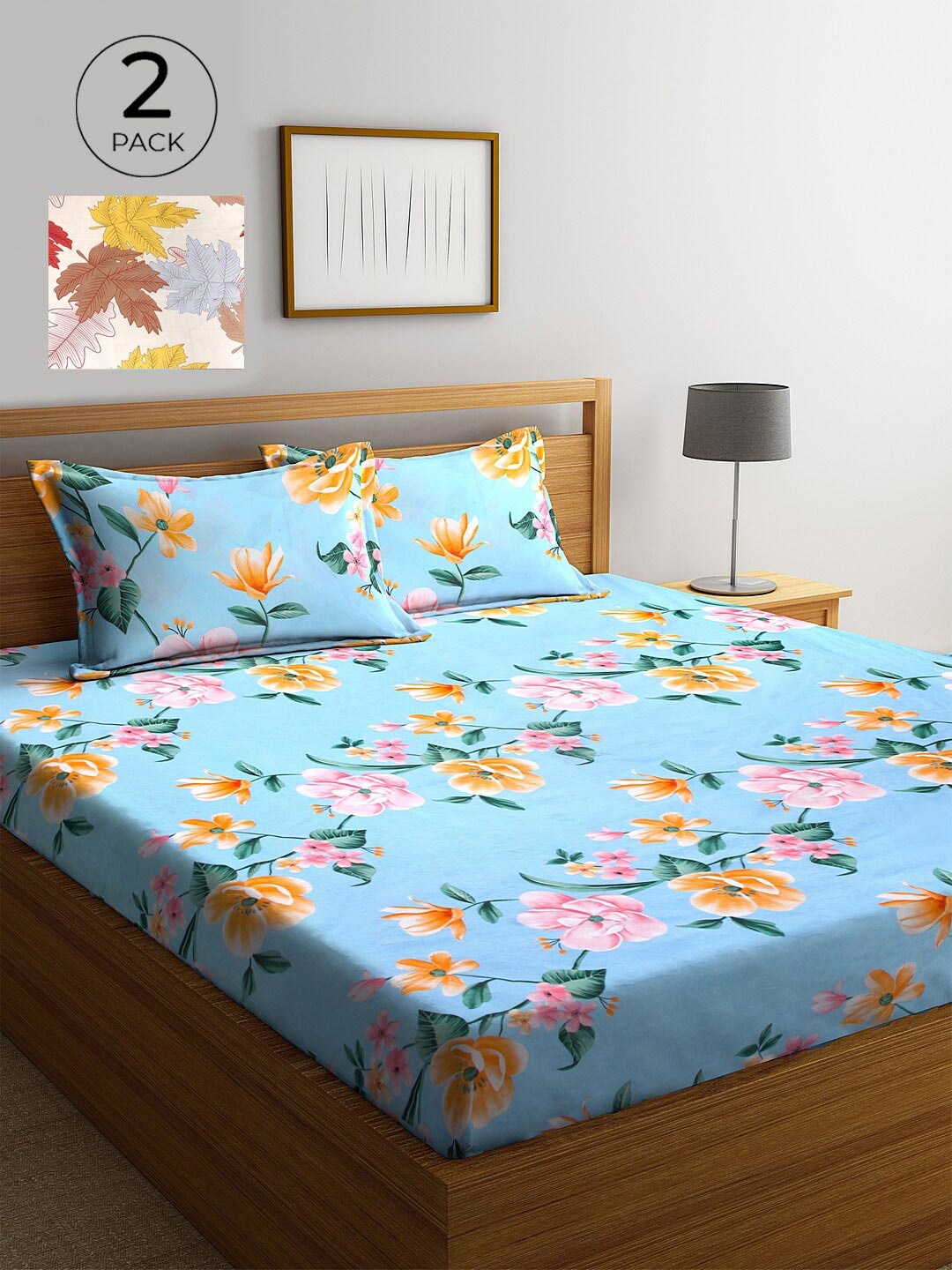 

KLOTTHE White & Blue Floral 210 TC 2 King Bedsheet with 4 Pillow Covers