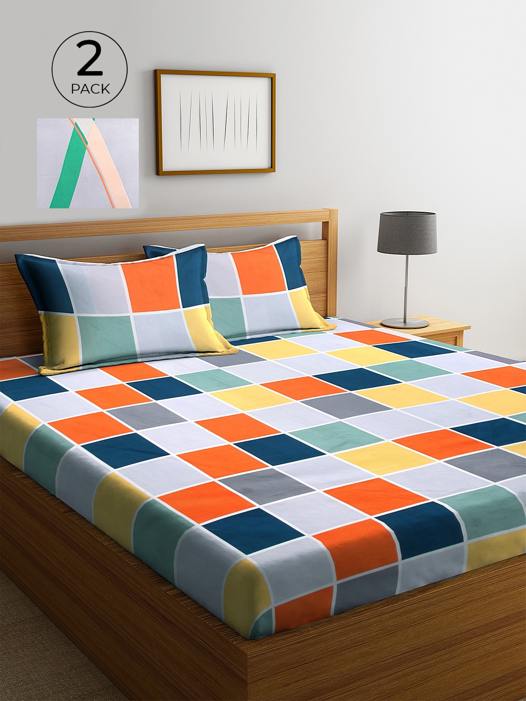

KLOTTHE Grey & Orange Geometric 210 TC 2 King Bedsheet with 4 Pillow Covers