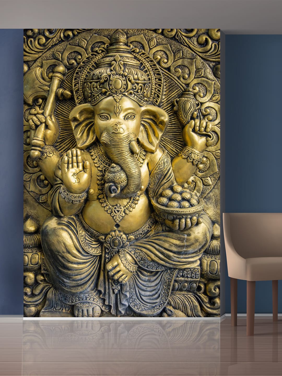 

999Store Gold-Toned & Grey Ganesha Mural Wallpaper