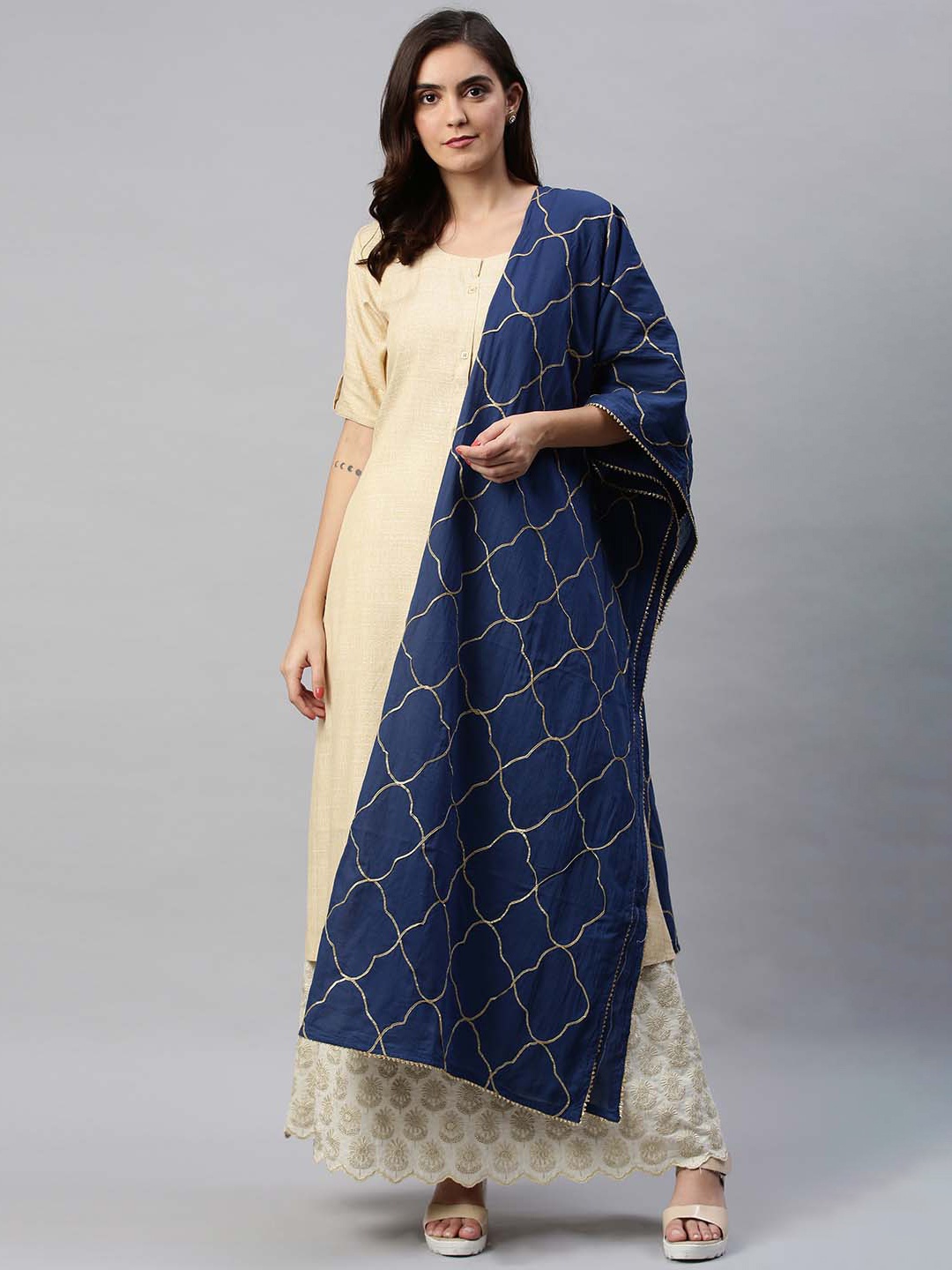 

Soch Navy Blue Woven Design Pure Cotton Dupatta with Gotta Patti