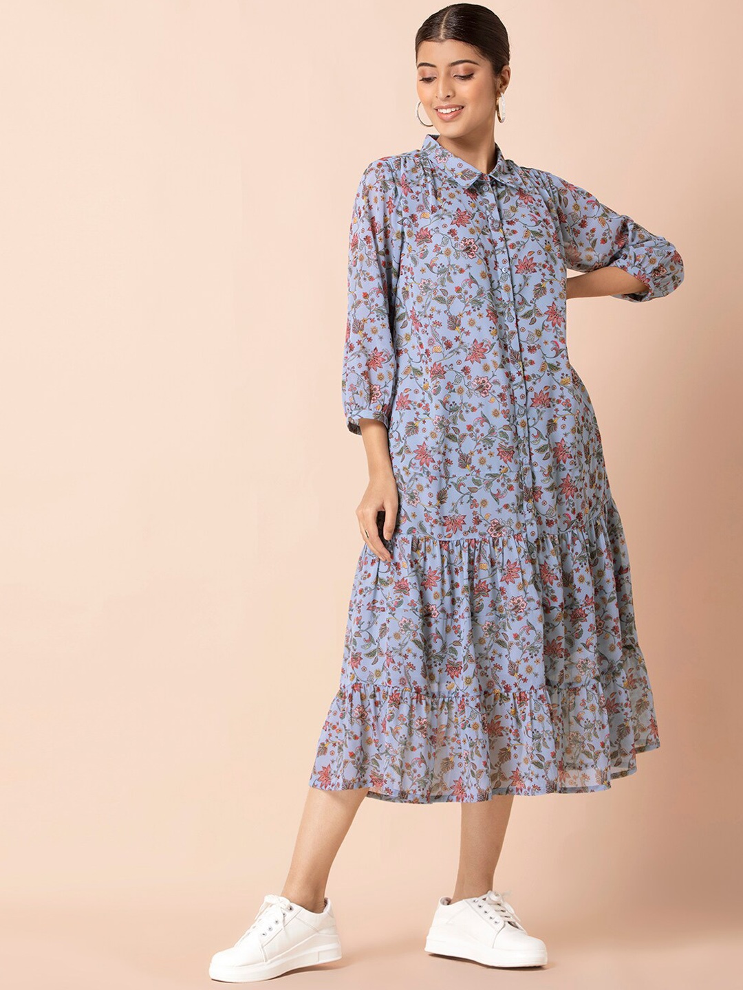 

INDYA Blue & sirocco Floral Georgette A-Line Midi Dress