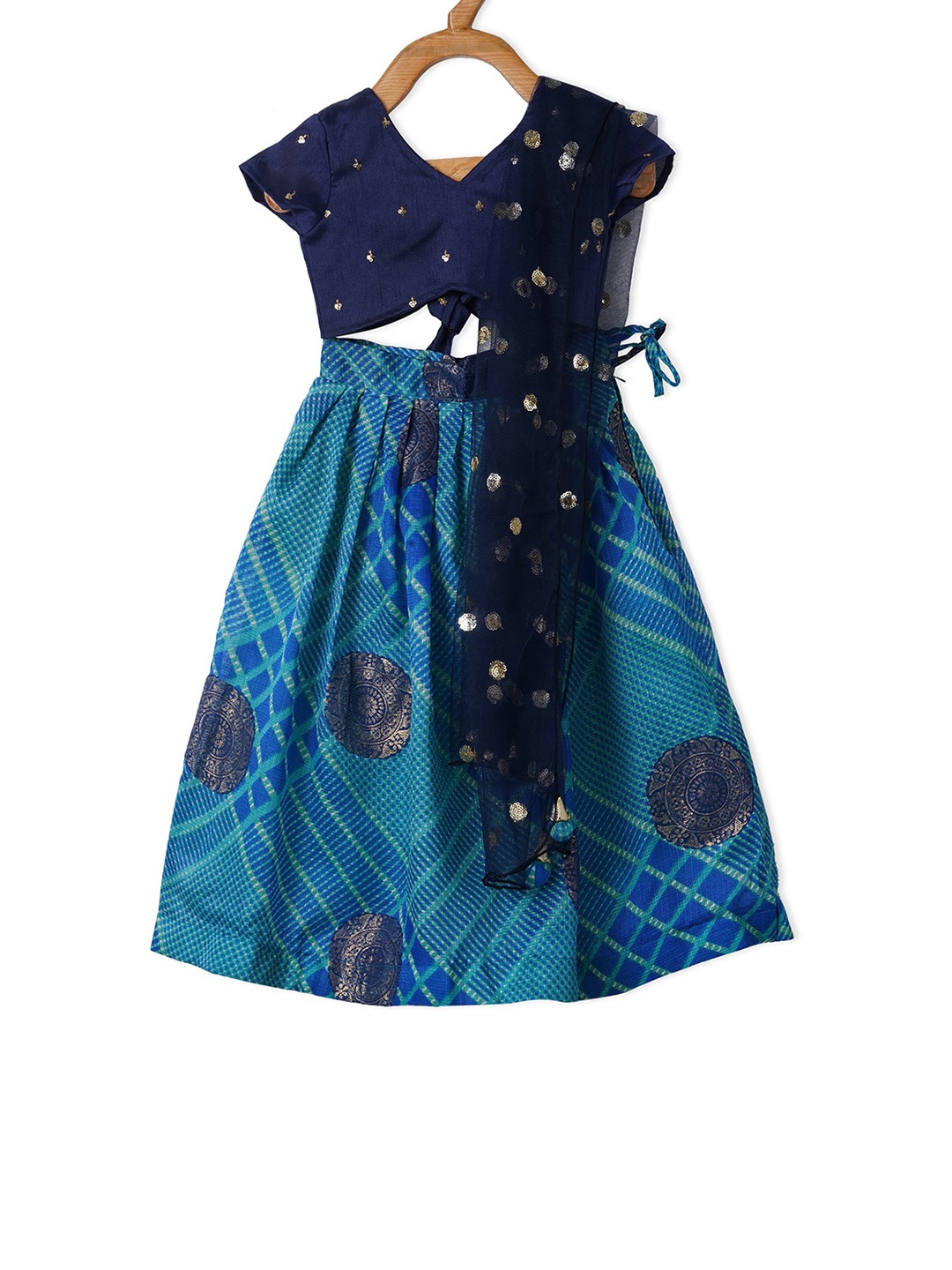 

PICCOLO Girls Navy Blue & Gold-Toned Ready to Wear Lehenga & Blouse With Dupatta