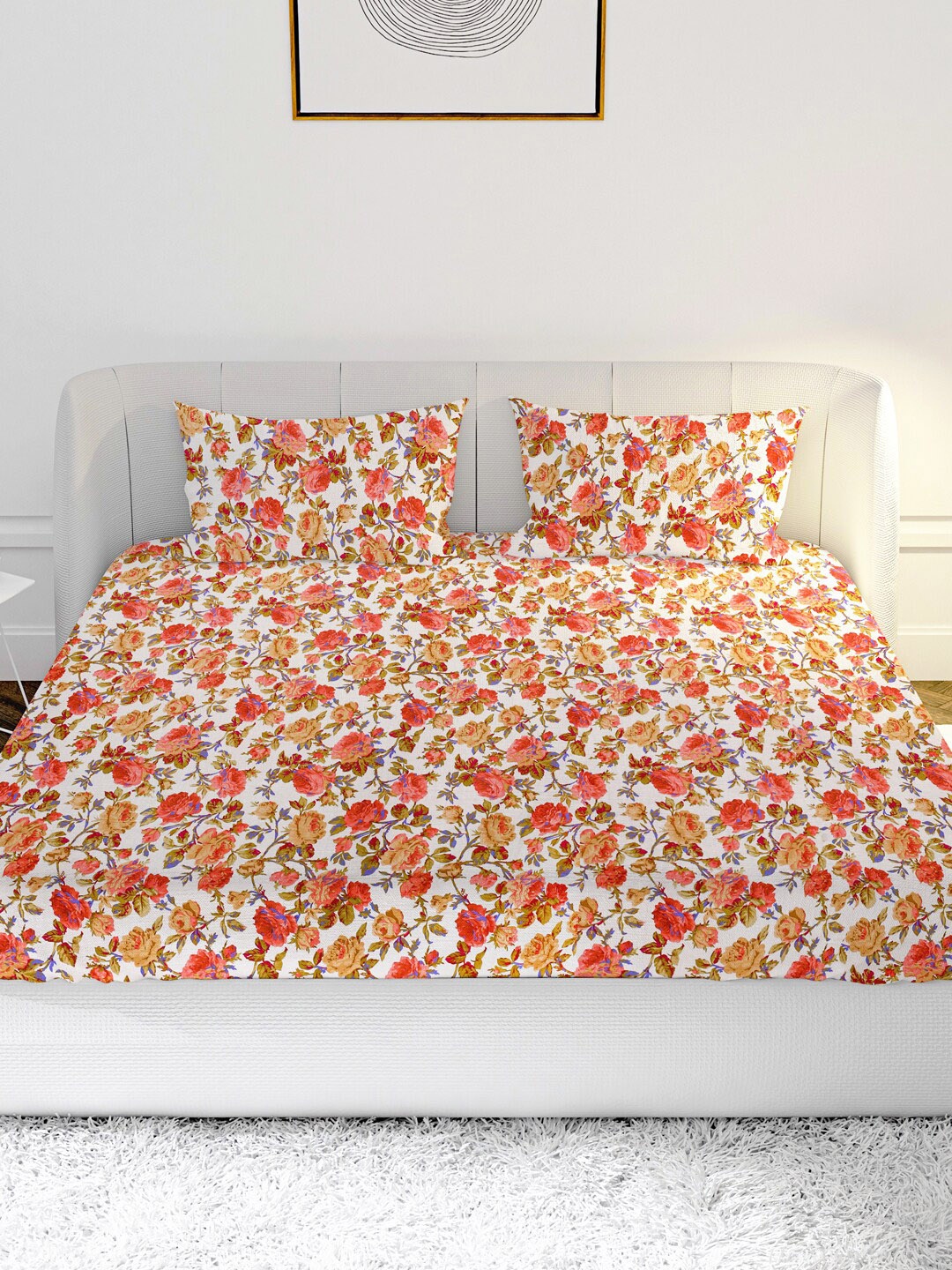 

MAYFAIR HOMES LONDON White & Coral Floral 144 TC King Bedsheet with 2 Pillow Covers