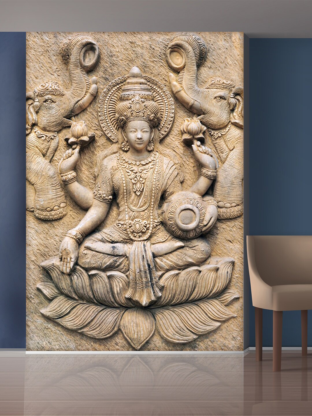 

999Store Grey Sitting Lady On Lotus And Elephant Mural Self-Adhesive Wallpaper