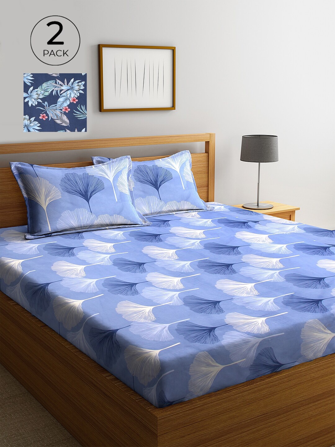 

KLOTTHE Navy Blue & Lavender Floral 210 TC 2 King Bedsheet with 4 Pillow Covers