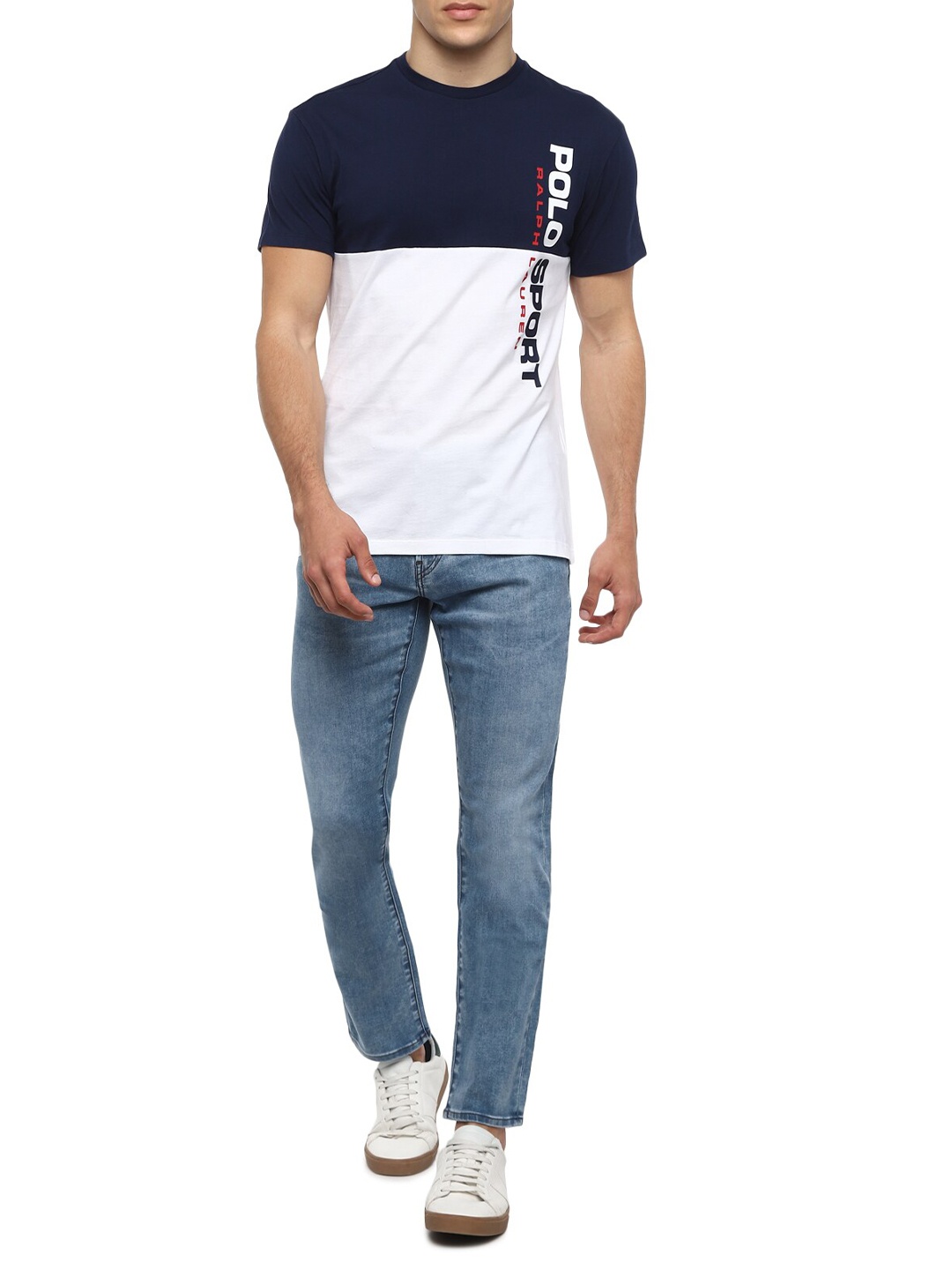 

Polo Ralph Lauren Men Navy Blue & White Colourblocked Cotton T-shirt