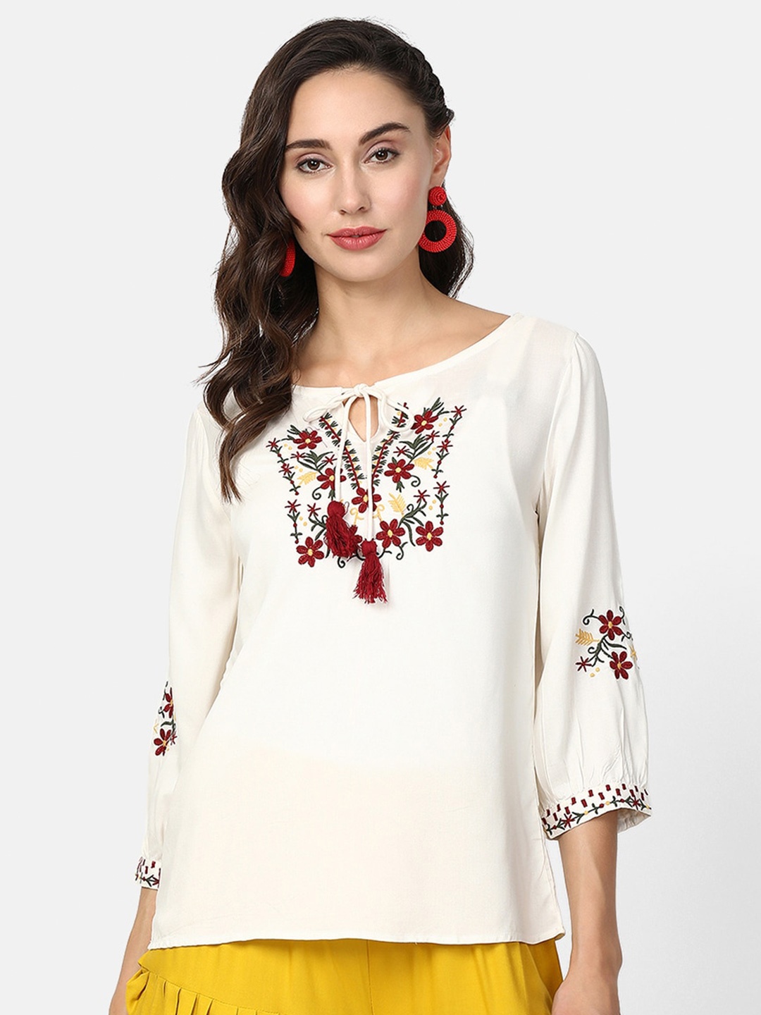 

V2 Value & Variety White Women Floral Embroidered Tie-Up Neck Regular Top