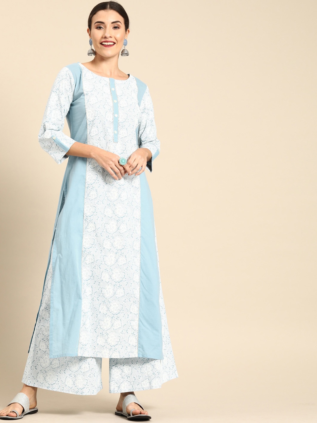 

Varanga Women Blue Ethnic Motifs Printed Panelled Pure Cotton Kurta with Palazzos