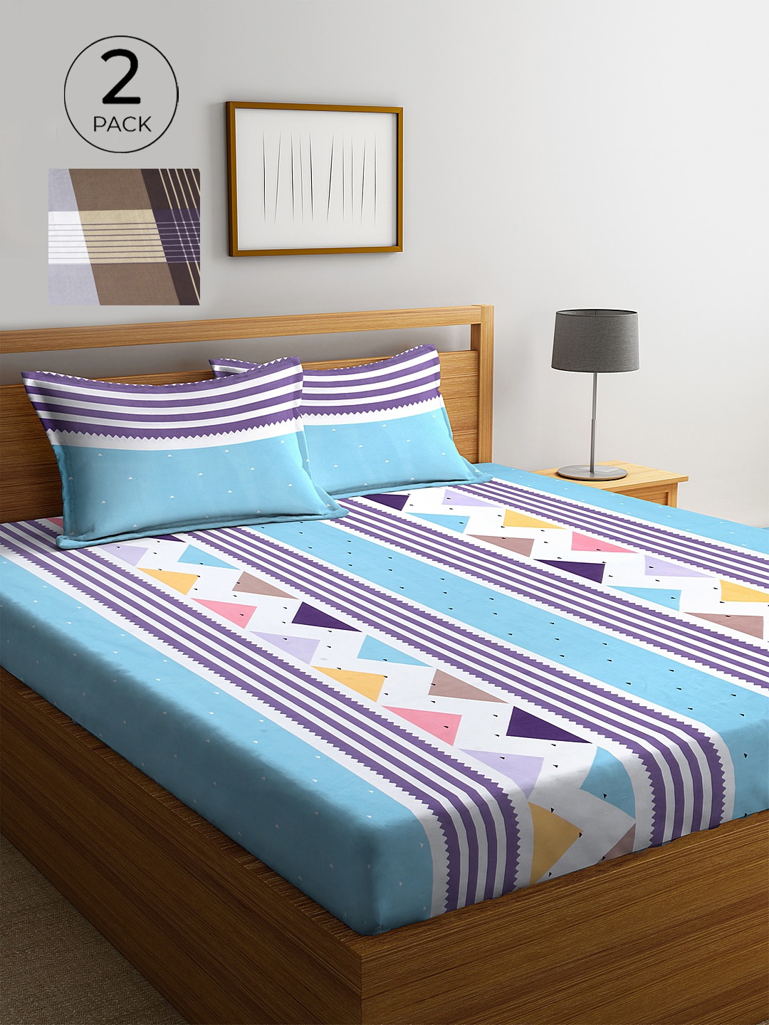 

KLOTTHE Pack of 2 Blue & Brown Geometric 300TC King Bedsheet with 4 Pillow Covers