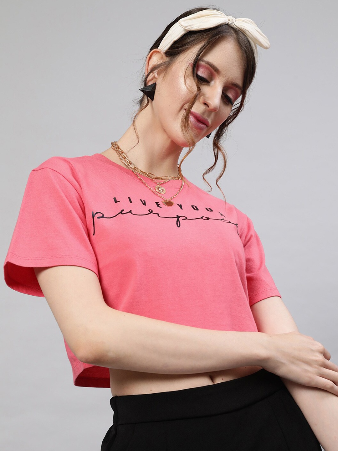 

STREET 9 Women Pink Typography Printed Cotton Pure Cotton T-shirt