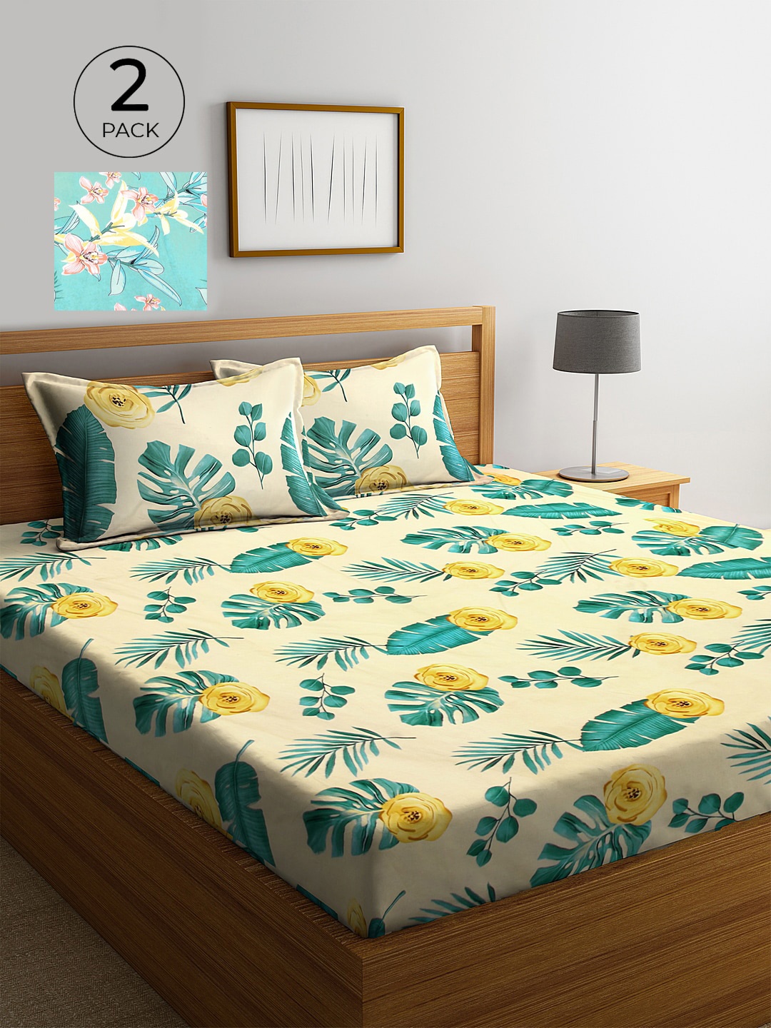 

KLOTTHE Yellow & Blue Floral 210 TC 2 King Bedsheet with 4 Pillow Covers