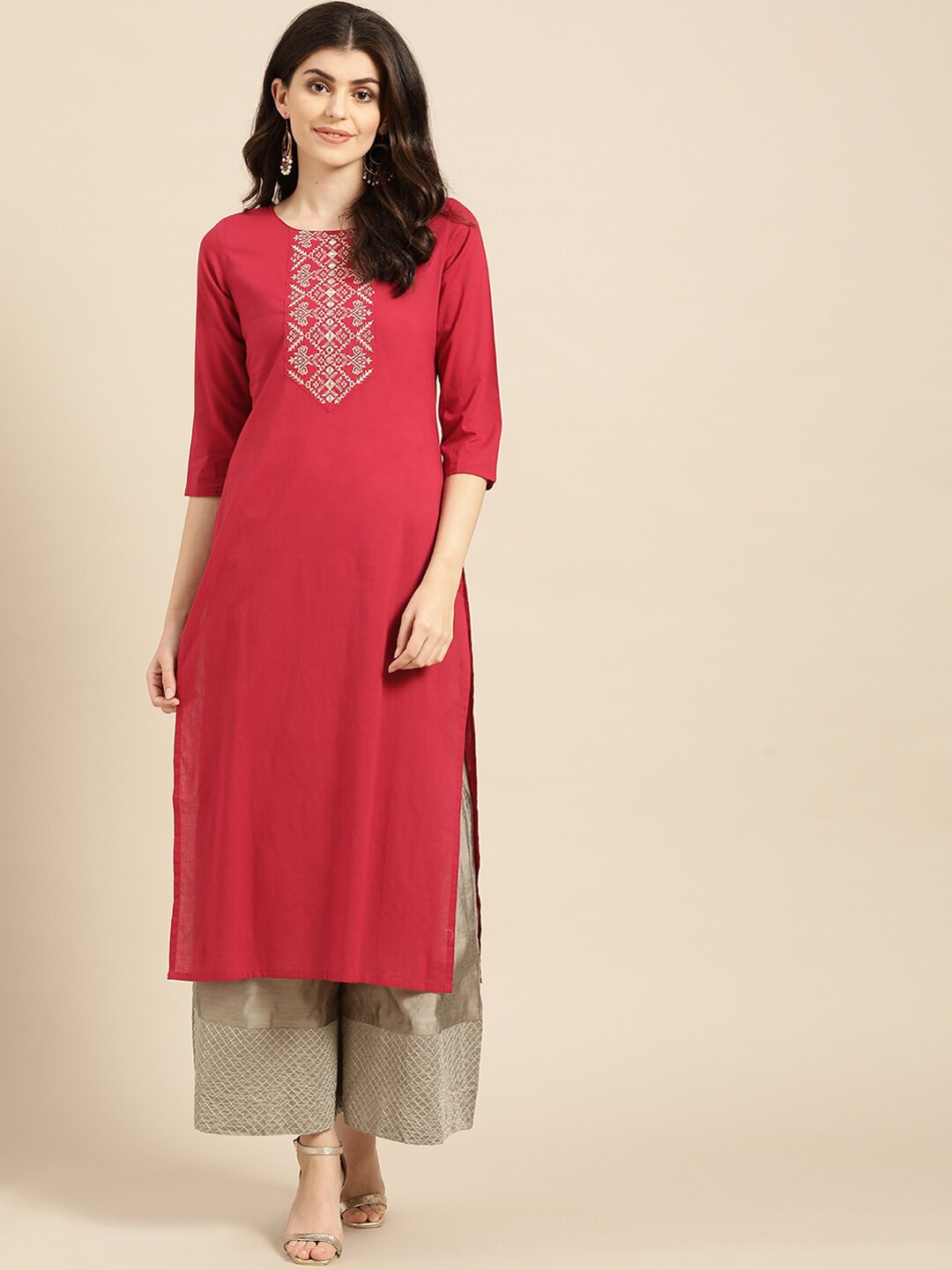 

Varanga Women Red & White Ethnic Motifs Yoke Design Thread Work Cotton Kurta
