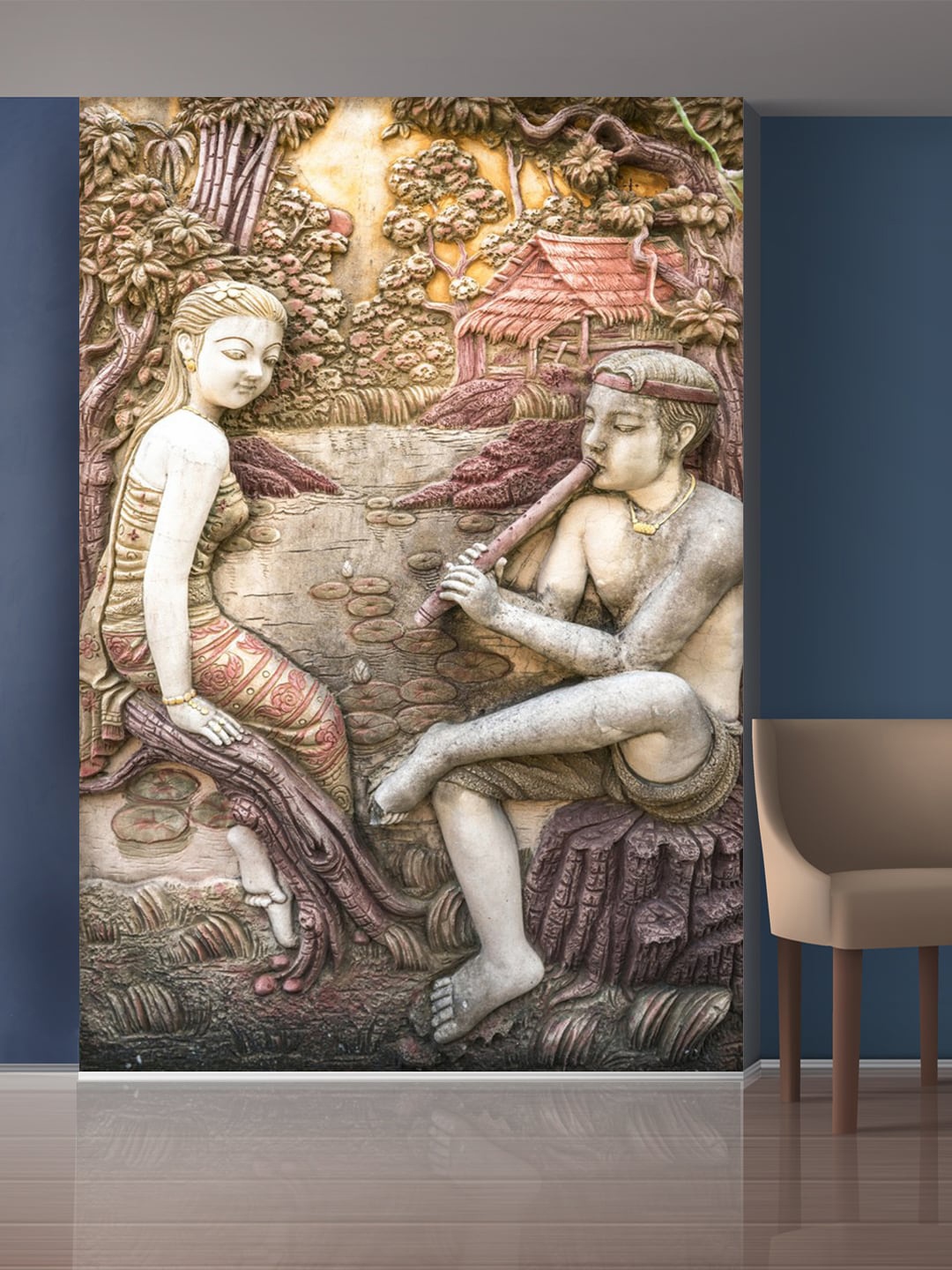 

999Store White & Brown Trees Woman & Man Sitting Mural Wall Stickers