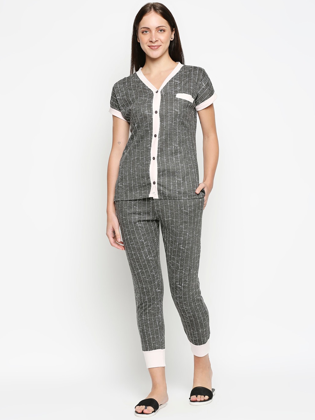 

XIN Women Grey & Pink Striped Night suit