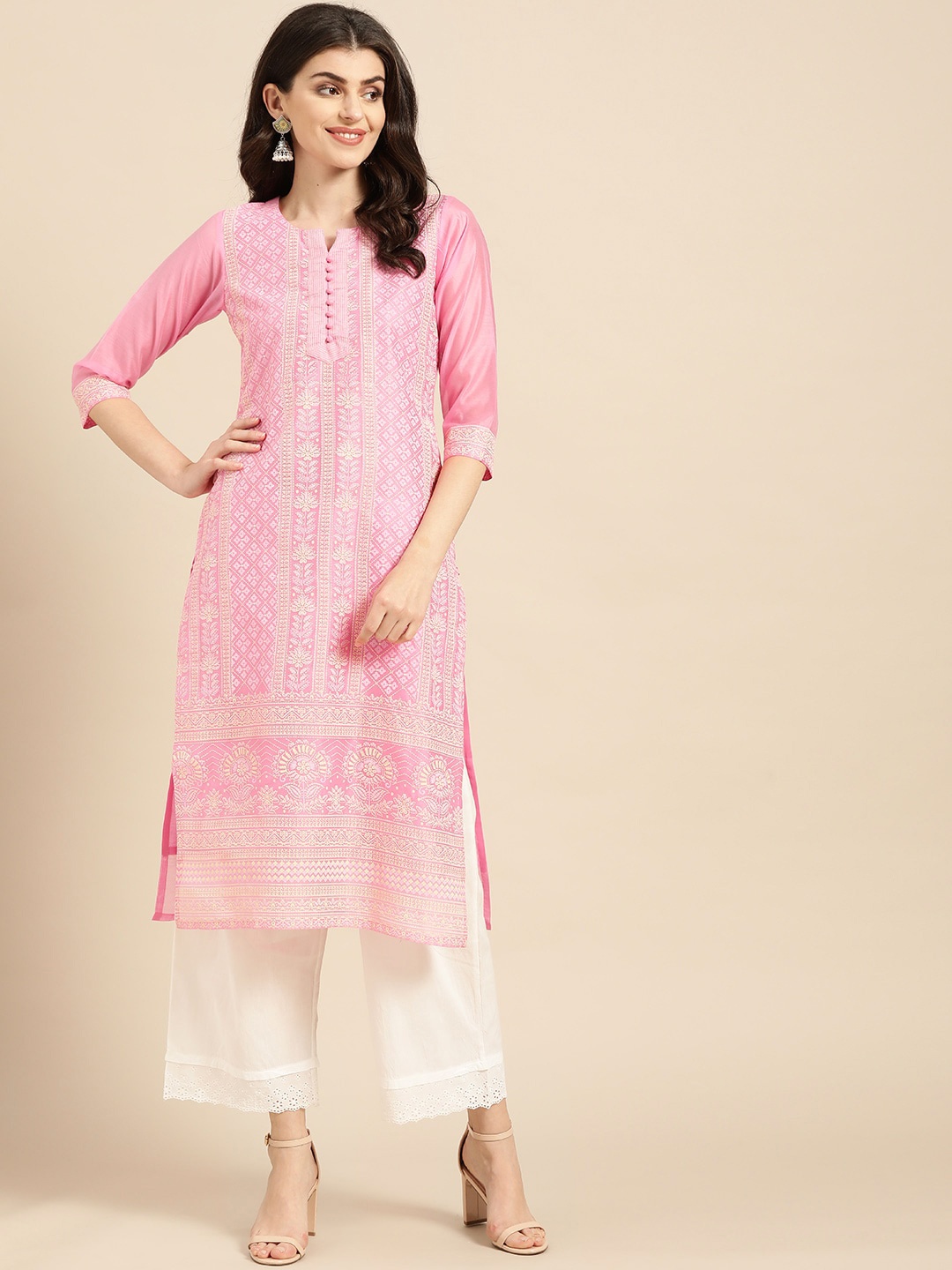 

Varanga Women Pink Ethnic Motifs Embroidered Thread Work Chanderi Silk Kurta