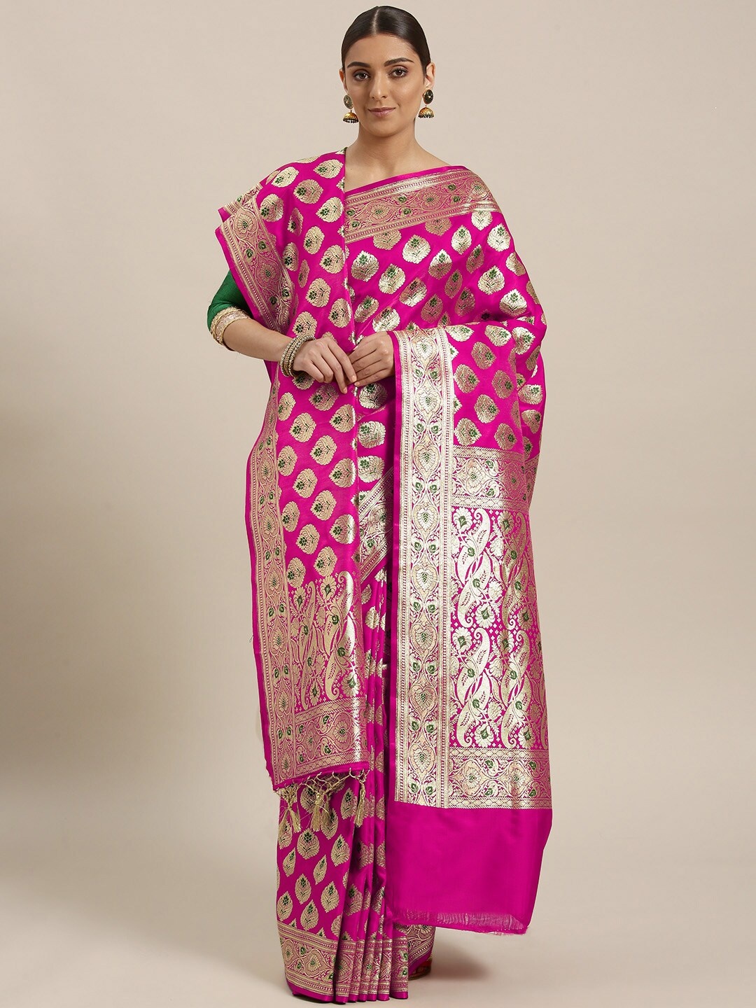 

Chhabra 555 Pink & Green Ethnic Motifs Zari Silk Blend Heavy Work Kanjeevaram Saree