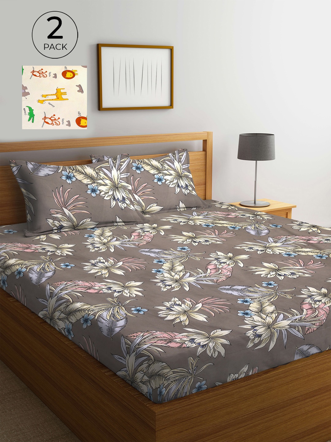 KLOTTHE Set of 2 Cream & Brown Floral 300 TC King Bedsheet with 4 Pillow Covers