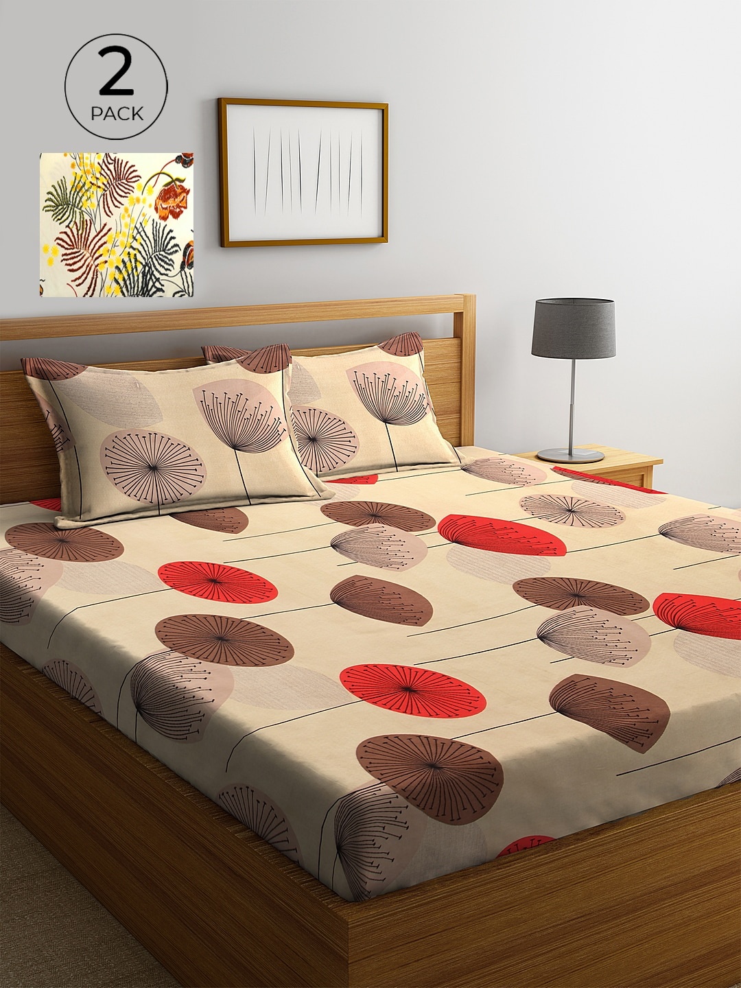 

KLOTTHE Floral 210 TC 2 King Bedsheet with 4 Pillow Covers, Beige
