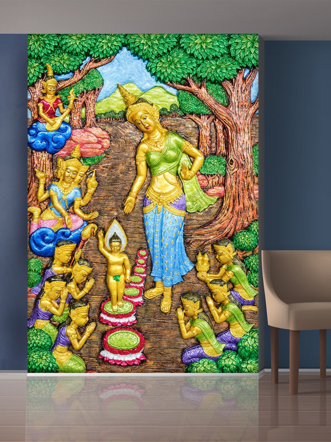 

999Store Gold-Toned & Blue Trees & People Doing Worship Mural Self-Adhesive Wallpaper, Green