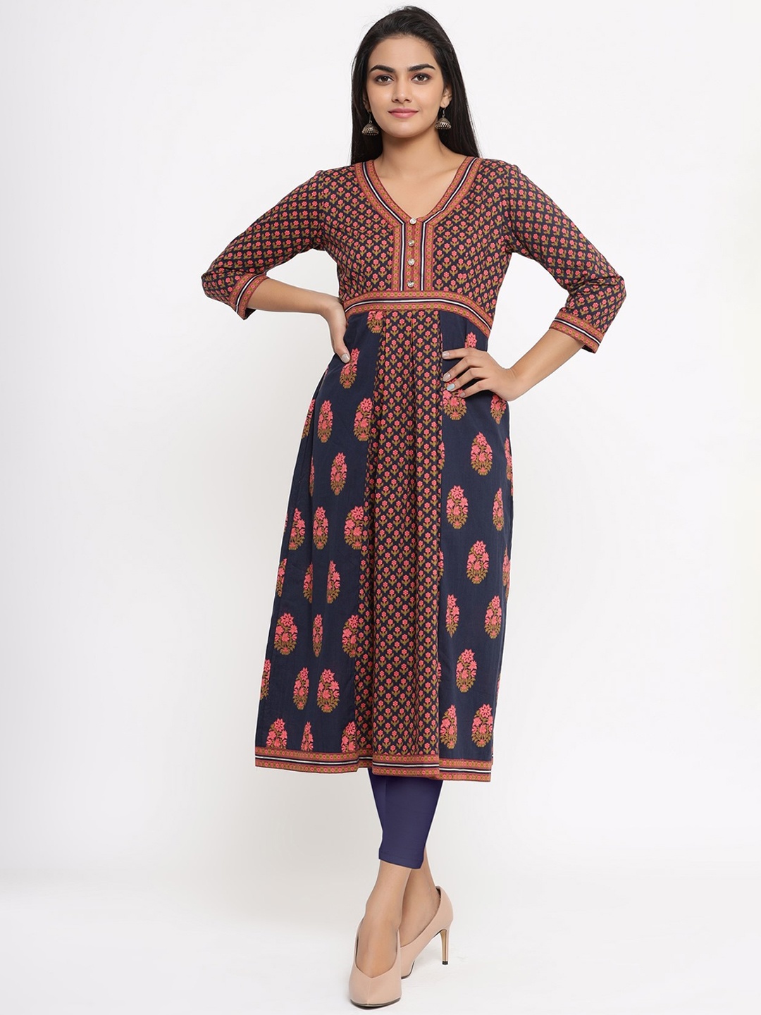 

FABRIC FITOOR Women Navy Blue Ethnic Motifs Printed Thread Work Kurta