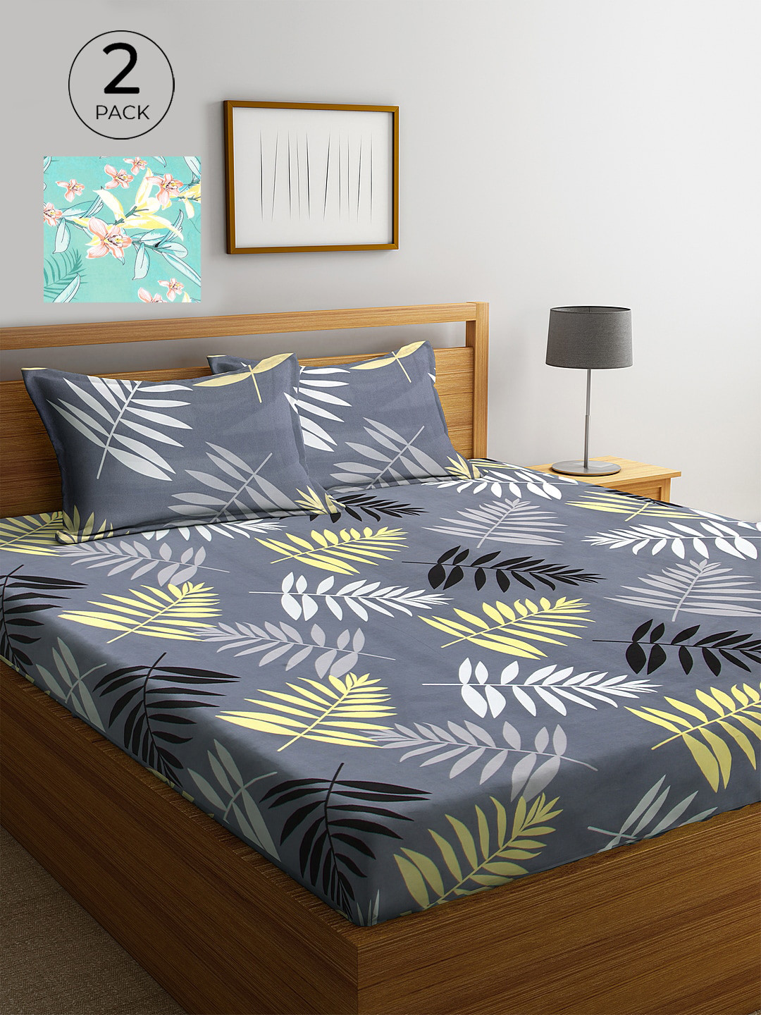 

KLOTTHE Grey & Green Floral 210 TC 2 King Bedsheet with 4 Pillow Covers