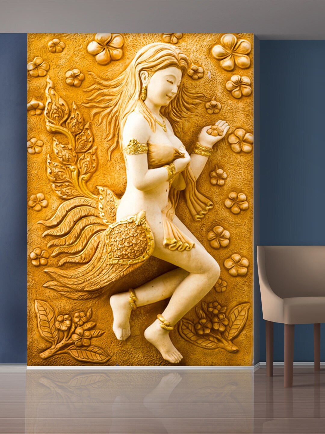 

999Store Gold-Toned & White Flowers & Angel Mural Wall Sticker