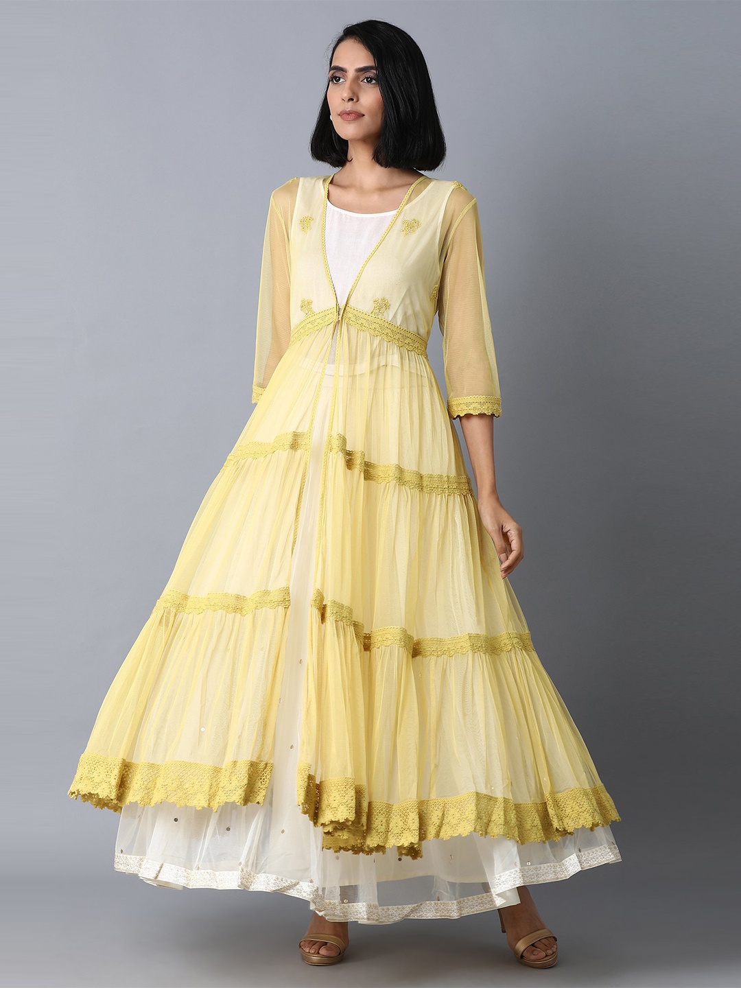

W Women Yellow Embroidered Longline Shrug