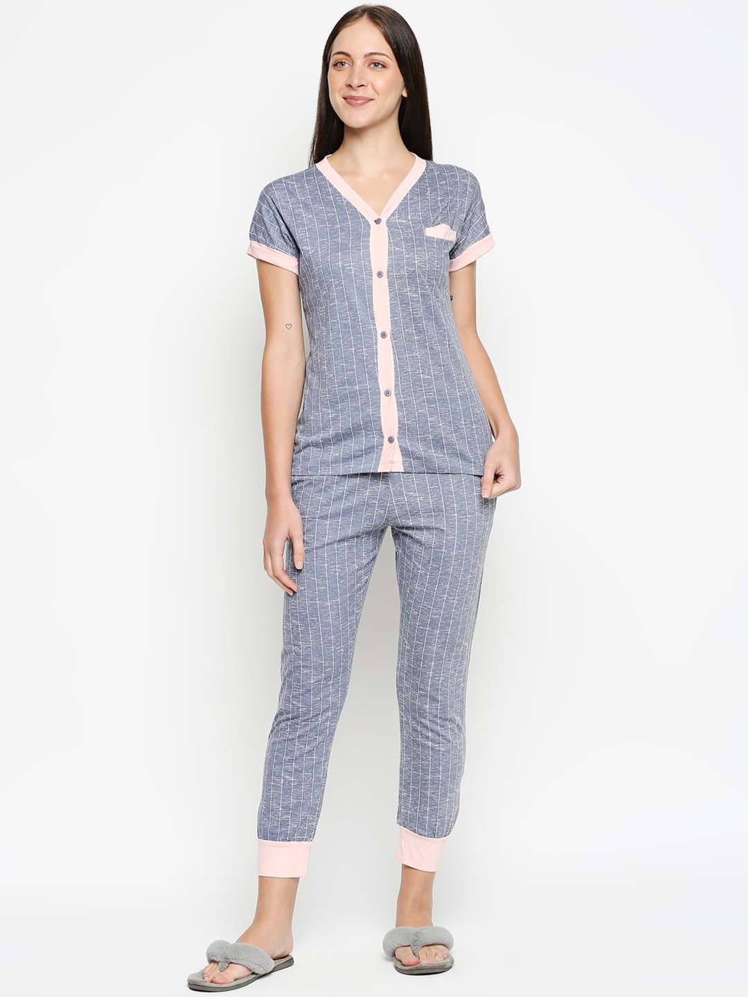 

XIN Women Blue & Pink Striped Pure Cotton Night Suit