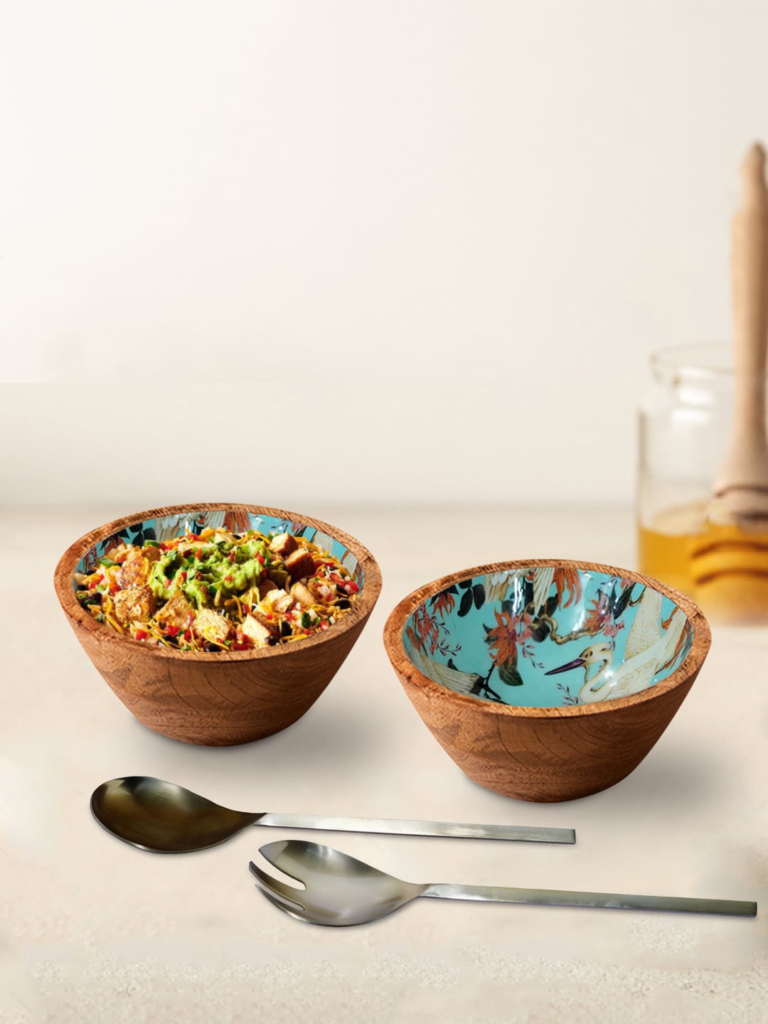 

nestroots Set Of 4 Brown & Green Printed Bowls & Servers
