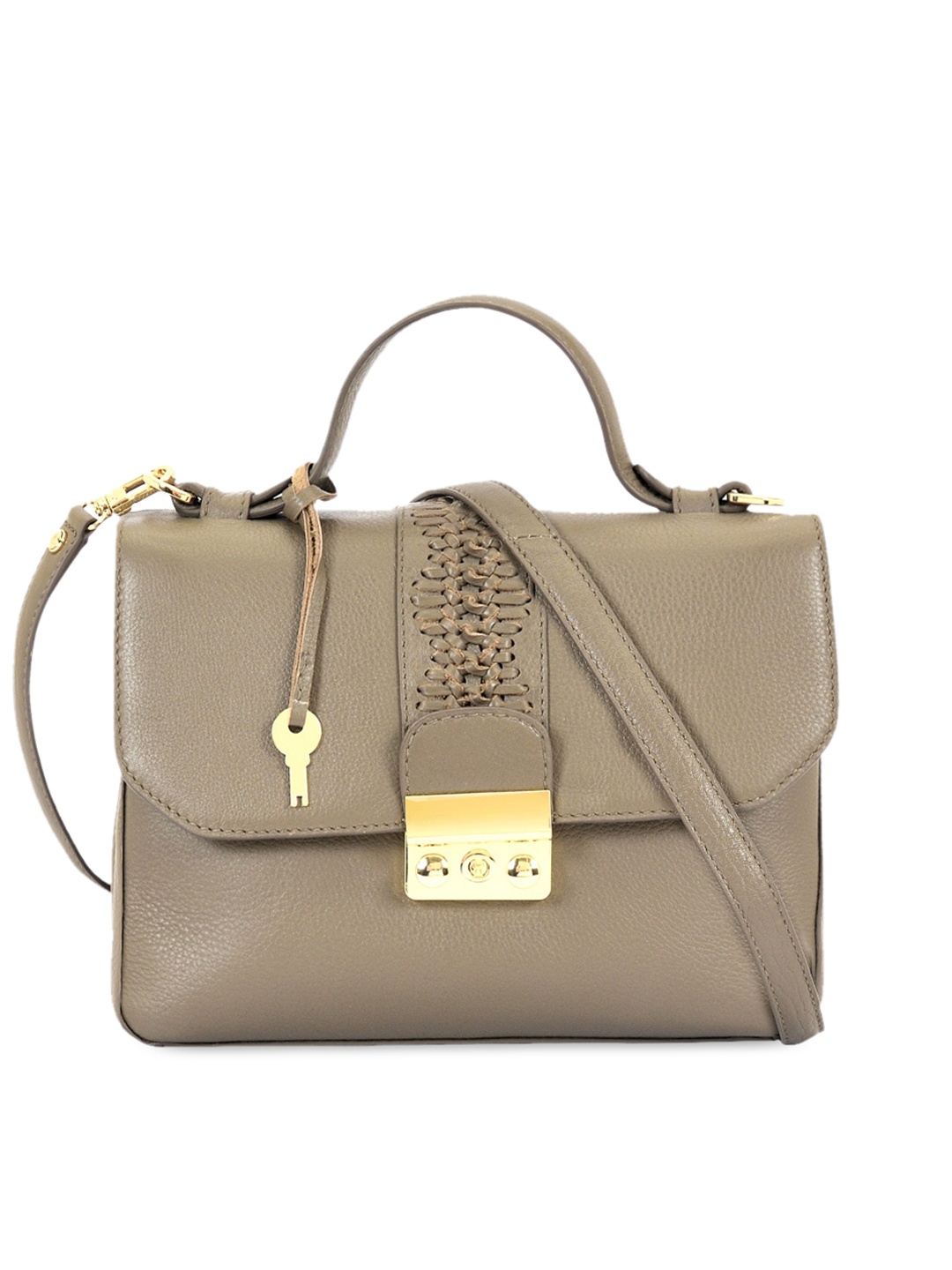 

Eske Taupe Leather Structured Satchel with Tasselled