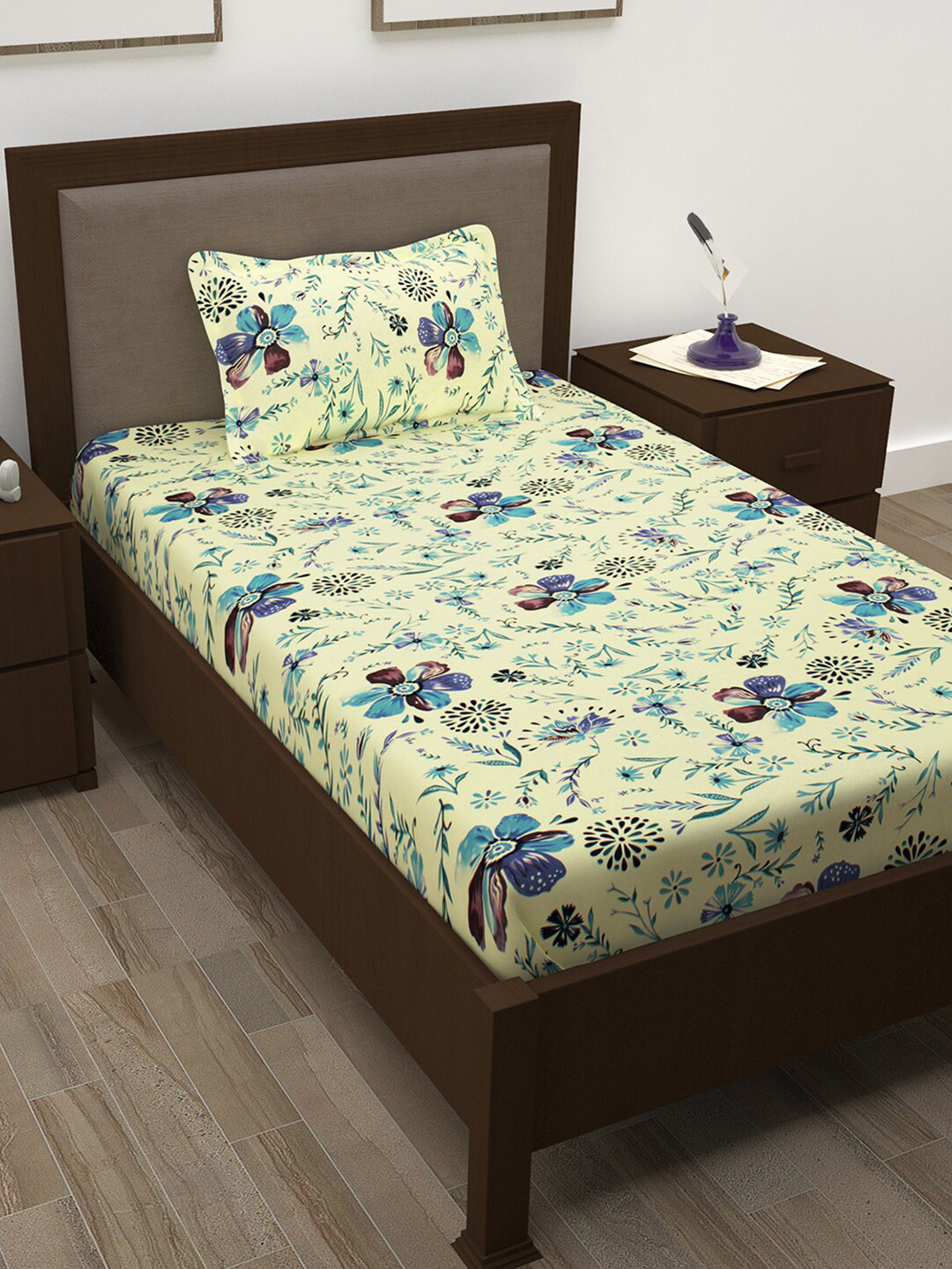 

Story@home Yellow & Blue Floral 208 TC Single Bedsheet with 1 Pillow Cover