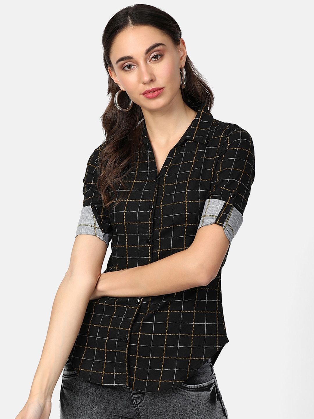 

V2 Value & Variety Black Checked Shirt Style Top