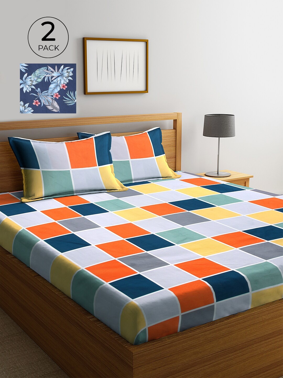 

KLOTTHE Blue & Orange Geometric 210 TC 2 King Bedsheet with 4 Pillow Covers