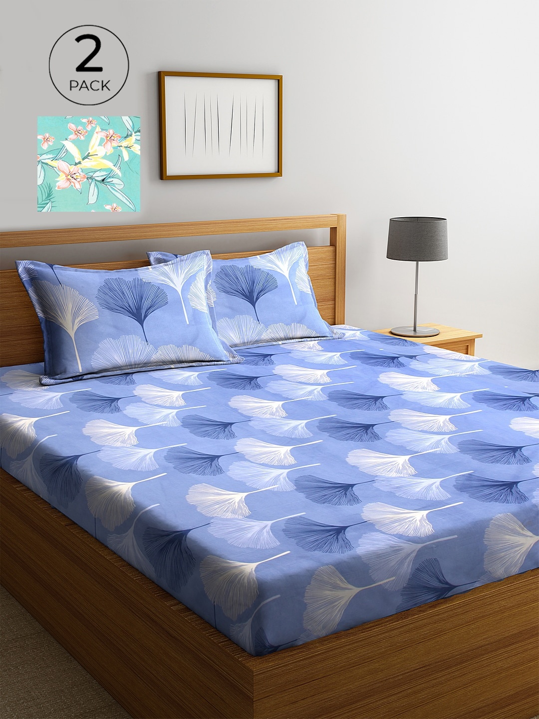 

KLOTTHE Blue & Sea Green Floral 210 TC 2 King Bedsheet with 4 Pillow Covers