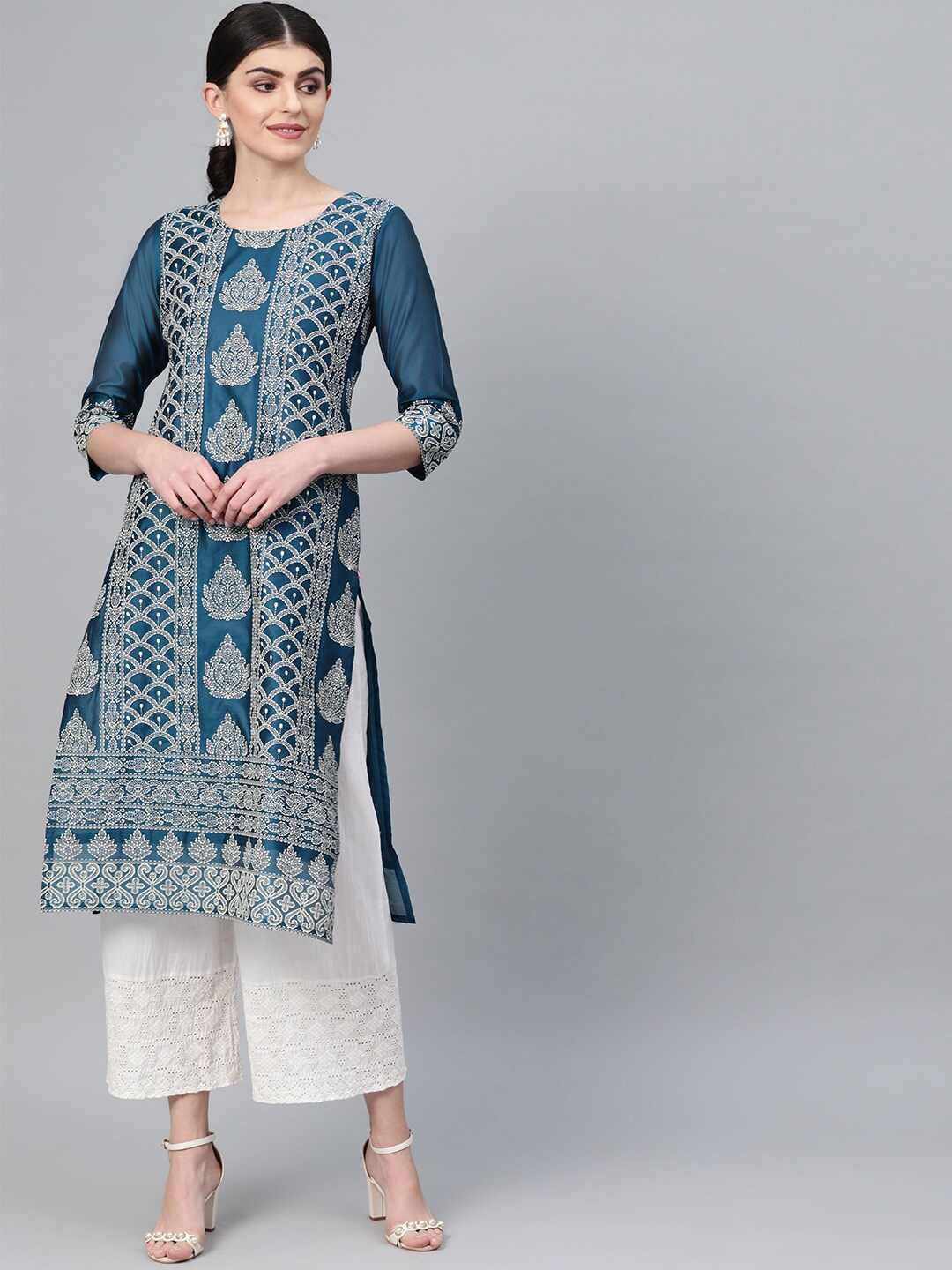 

Varanga Women Teal Blue Ethnic Motifs Printed Chanderi Silk Chanderi Silk Kurta
